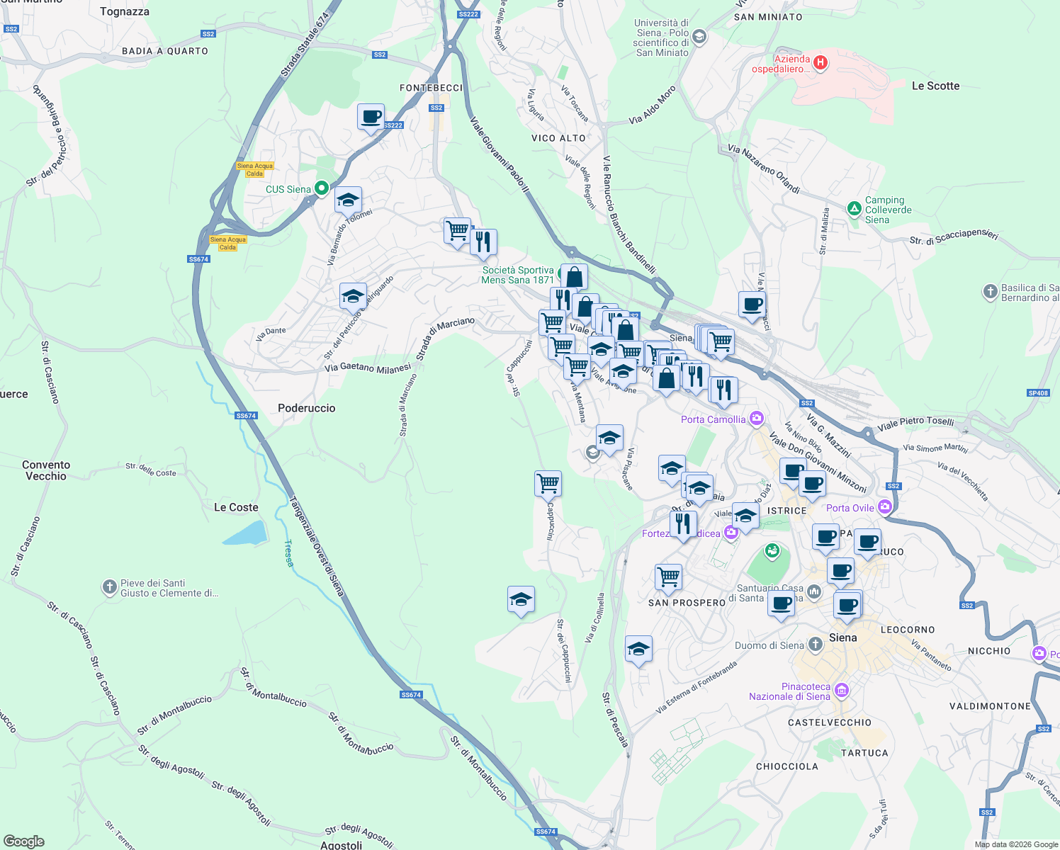 map of restaurants, bars, coffee shops, grocery stores, and more near 70 Strada dei Cappuccini in Siena