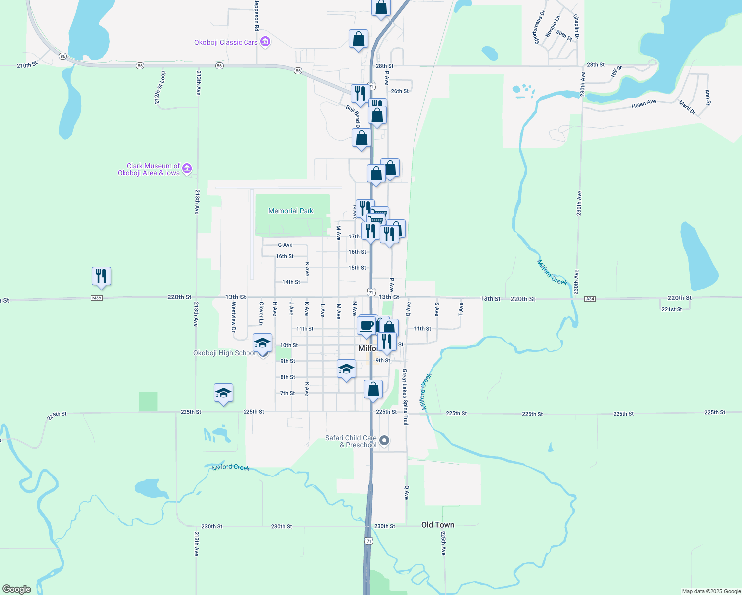 map of restaurants, bars, coffee shops, grocery stores, and more near 1298 Okoboji Ave in Milford