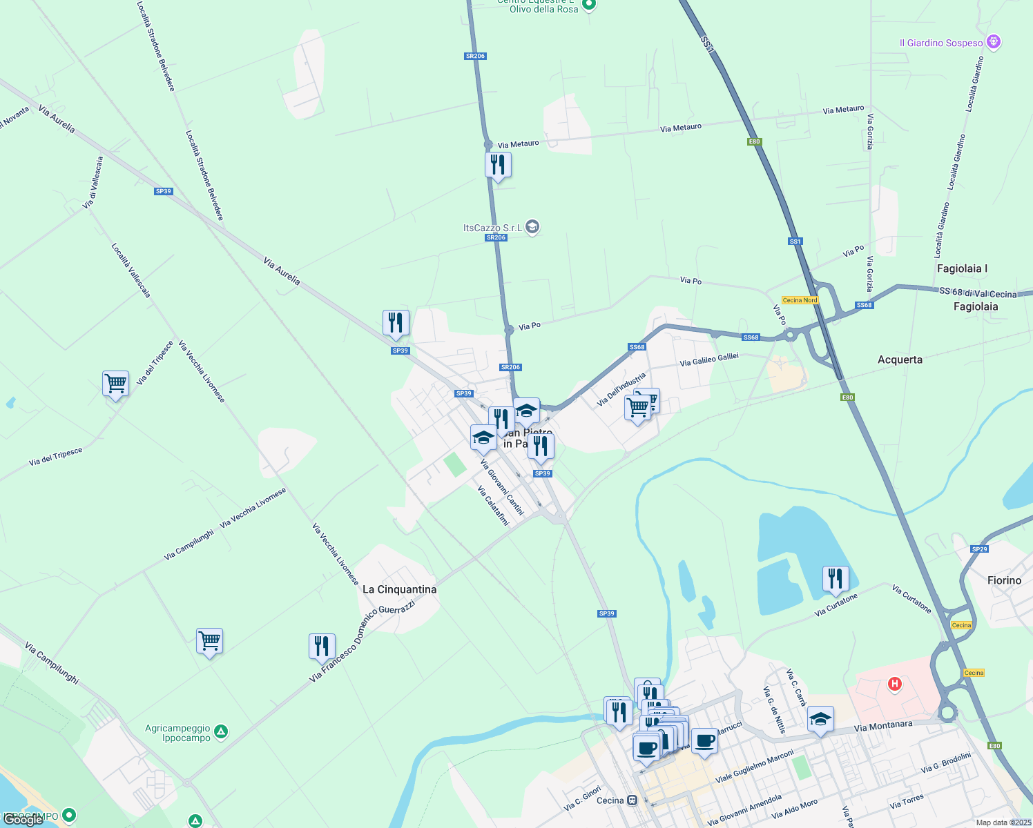 map of restaurants, bars, coffee shops, grocery stores, and more near 2 Per la Val di Cecina in Cecina
