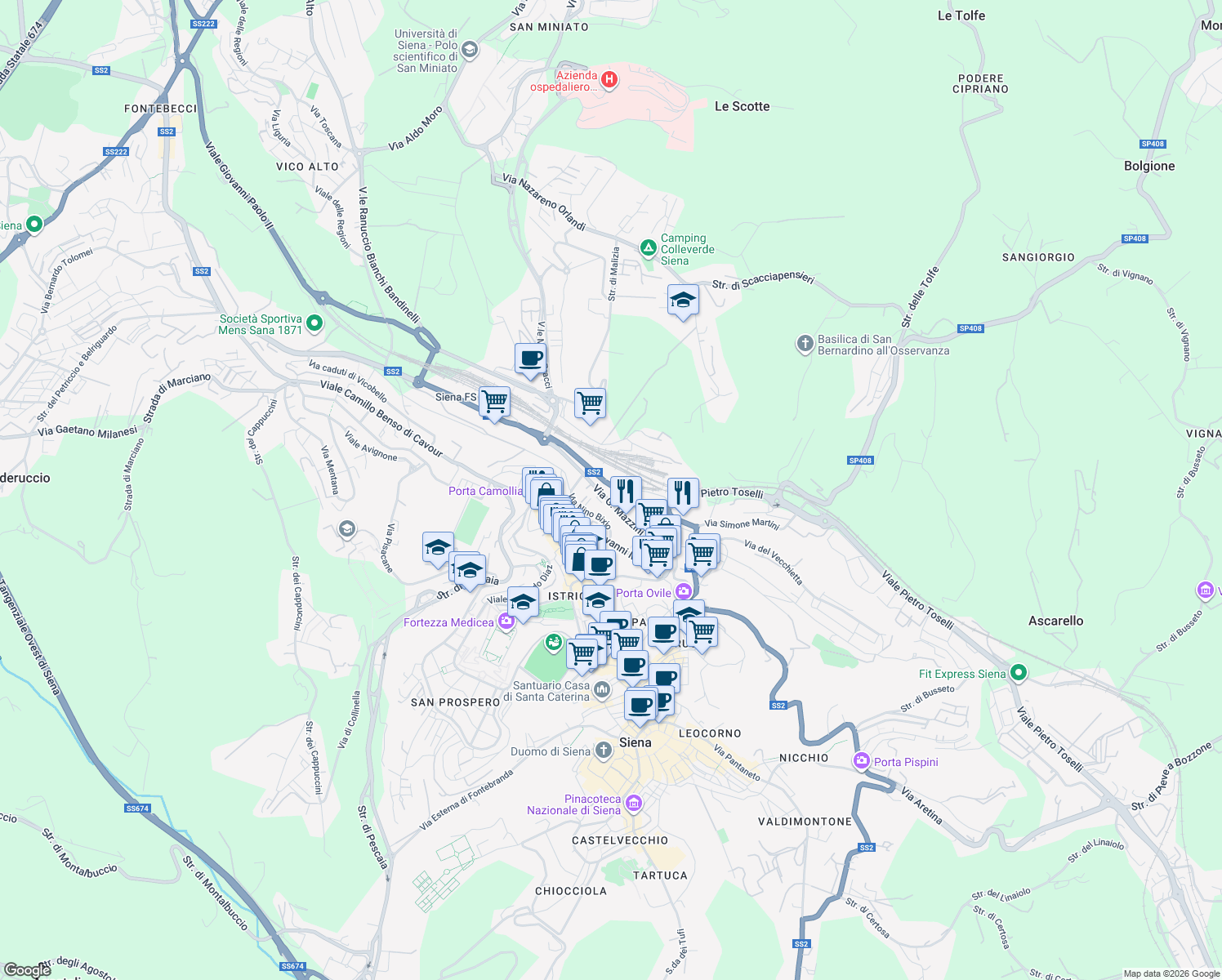map of restaurants, bars, coffee shops, grocery stores, and more near 35 Viale Sardegna in Siena