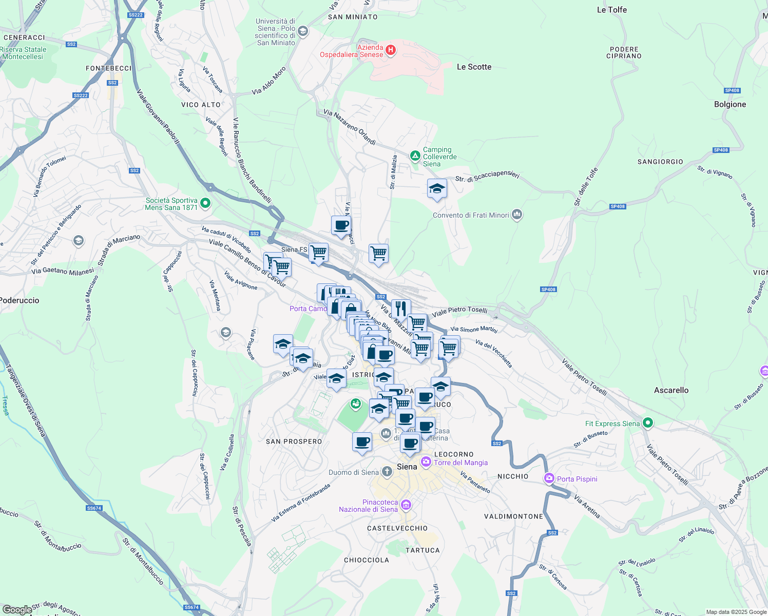 map of restaurants, bars, coffee shops, grocery stores, and more near Via Nino Bixio in Siena