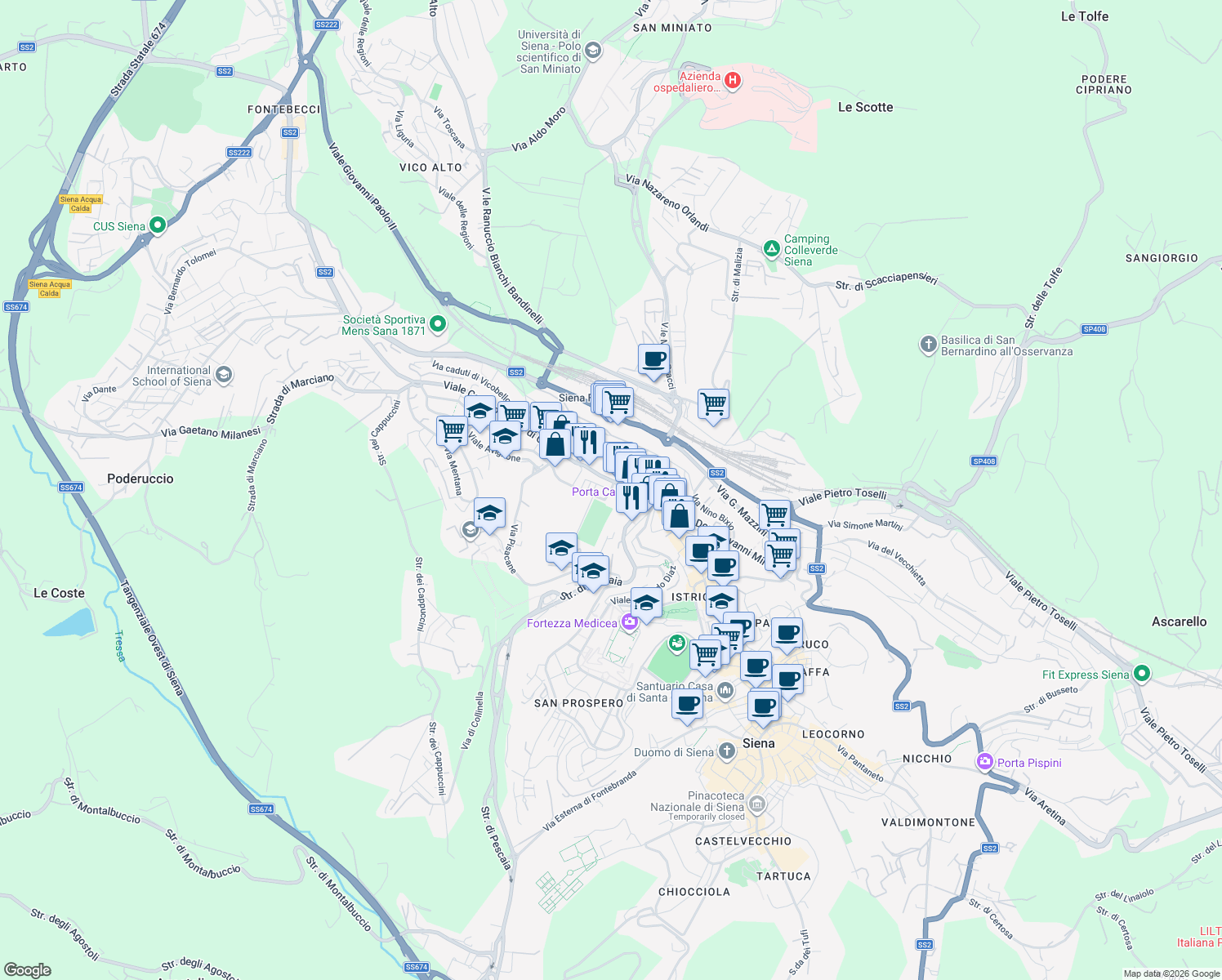 map of restaurants, bars, coffee shops, grocery stores, and more near 55 Via Bettino Ricasoli in Siena