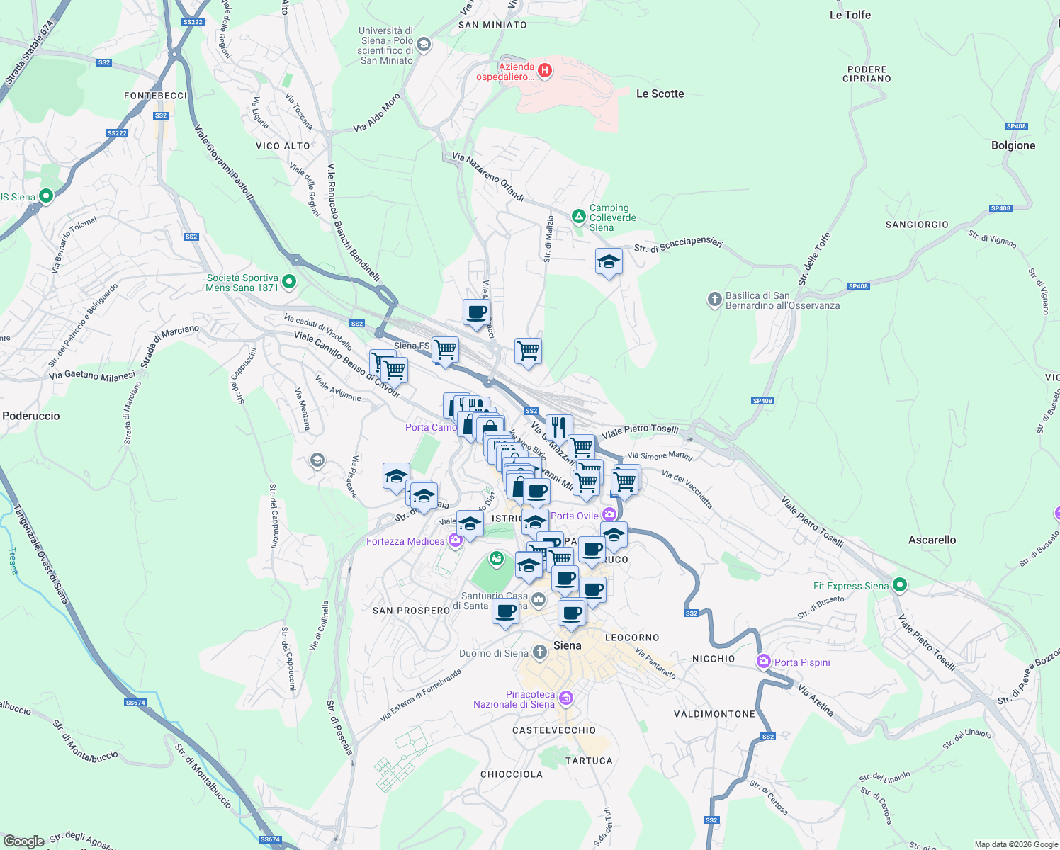 map of restaurants, bars, coffee shops, grocery stores, and more near Via Nino Bixio in Siena