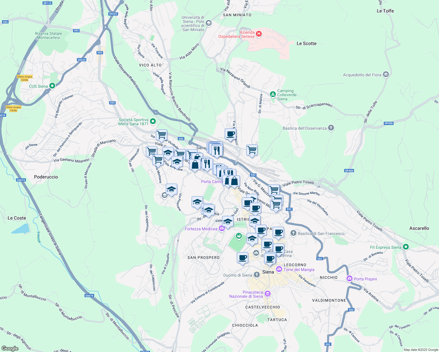 map of restaurants, bars, coffee shops, grocery stores, and more near 12 Via Doccia in Siena