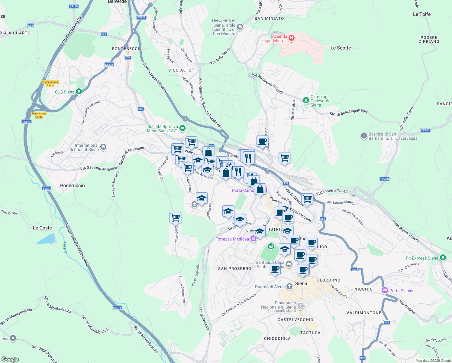 map of restaurants, bars, coffee shops, grocery stores, and more near 18 Viale Goffredo Mameli in Siena