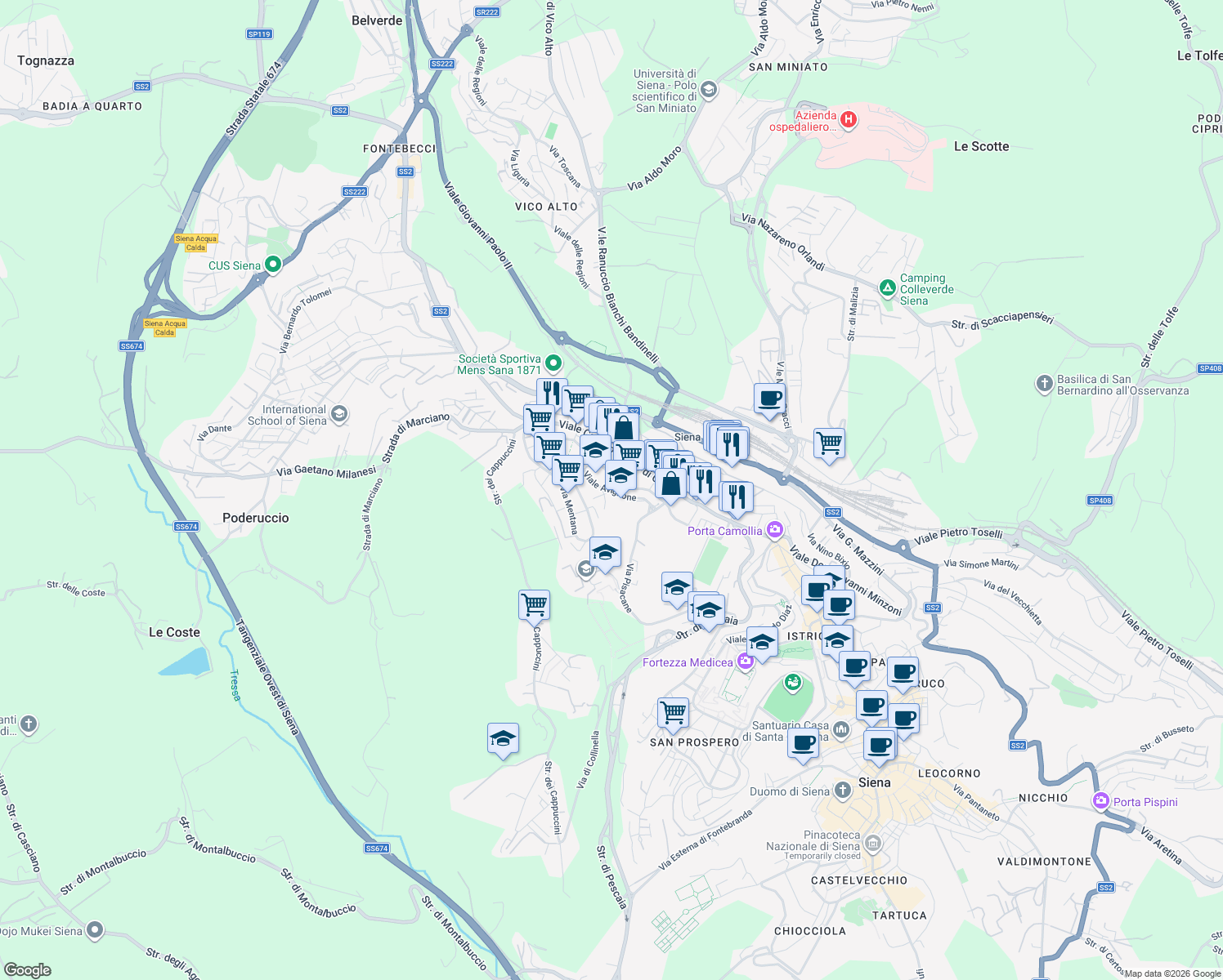 map of restaurants, bars, coffee shops, grocery stores, and more near 18 Viale Goffredo Mameli in Siena