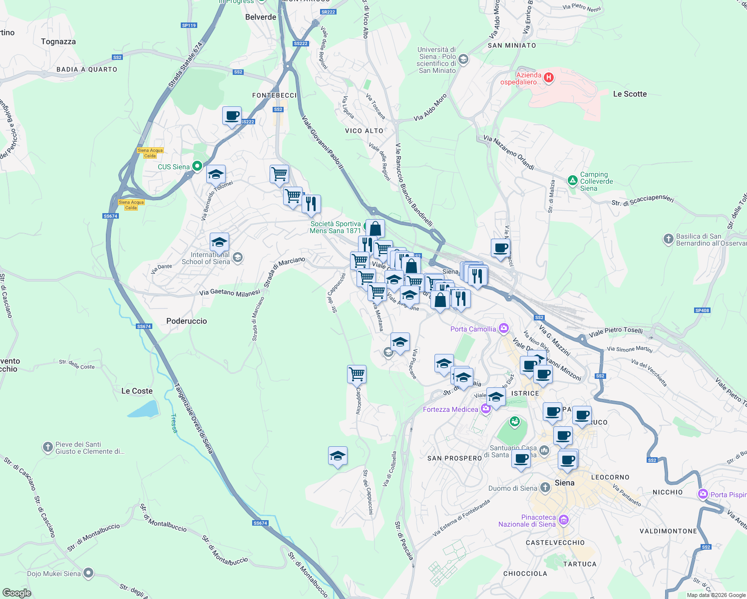 map of restaurants, bars, coffee shops, grocery stores, and more near in Siena