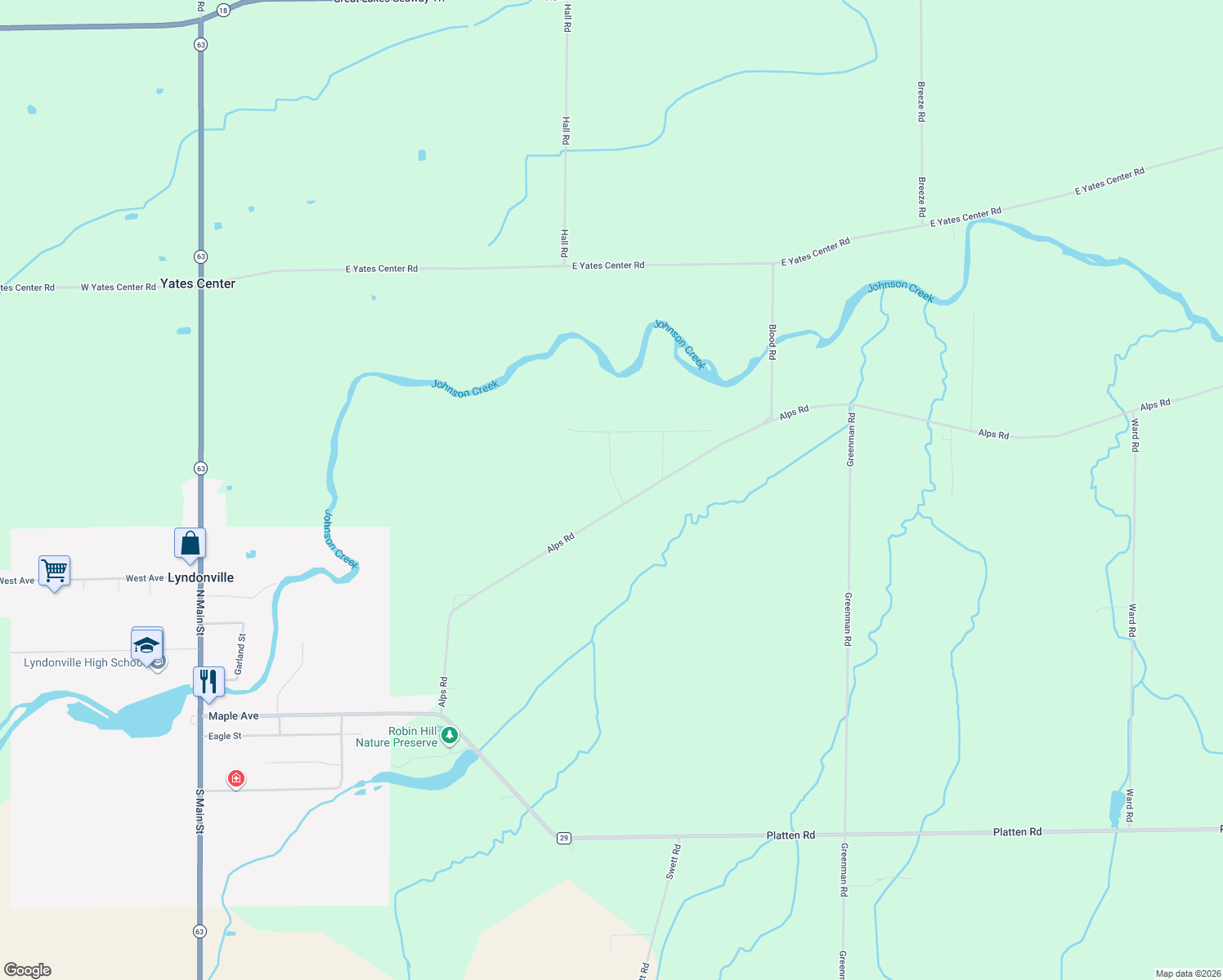 map of restaurants, bars, coffee shops, grocery stores, and more near 11705 Alps Rd in Lyndonville