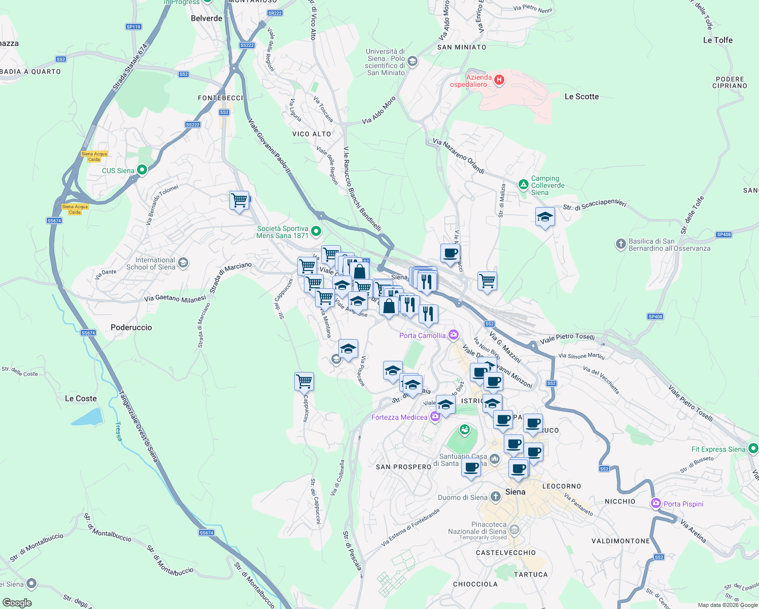map of restaurants, bars, coffee shops, grocery stores, and more near Via Caduti di Vicobello in Siena