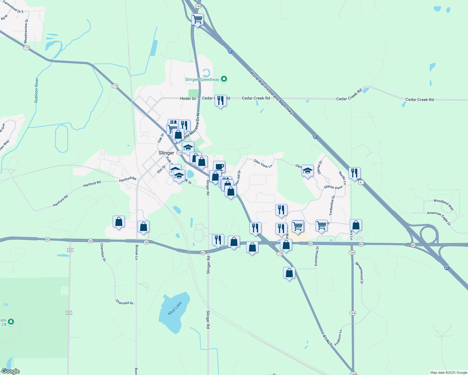 map of restaurants, bars, coffee shops, grocery stores, and more near 106 Glen Hill Drive in Slinger