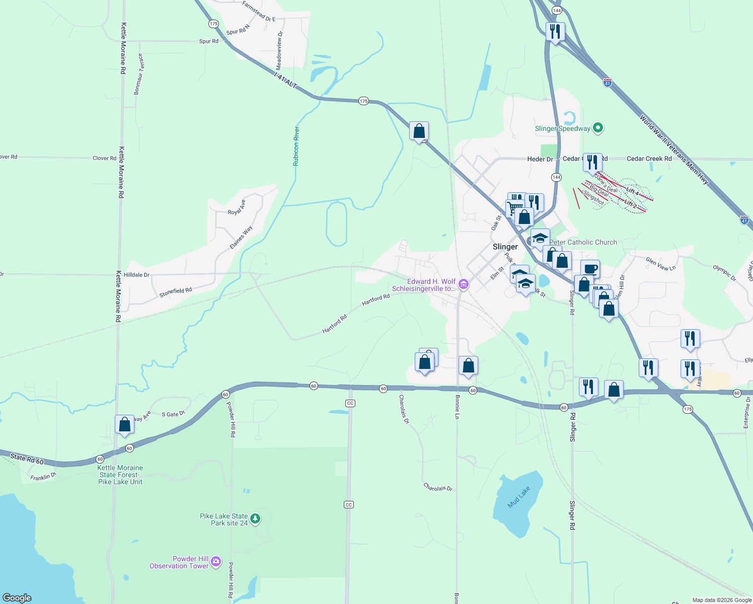 map of restaurants, bars, coffee shops, grocery stores, and more near 295 Hartford Road in Slinger