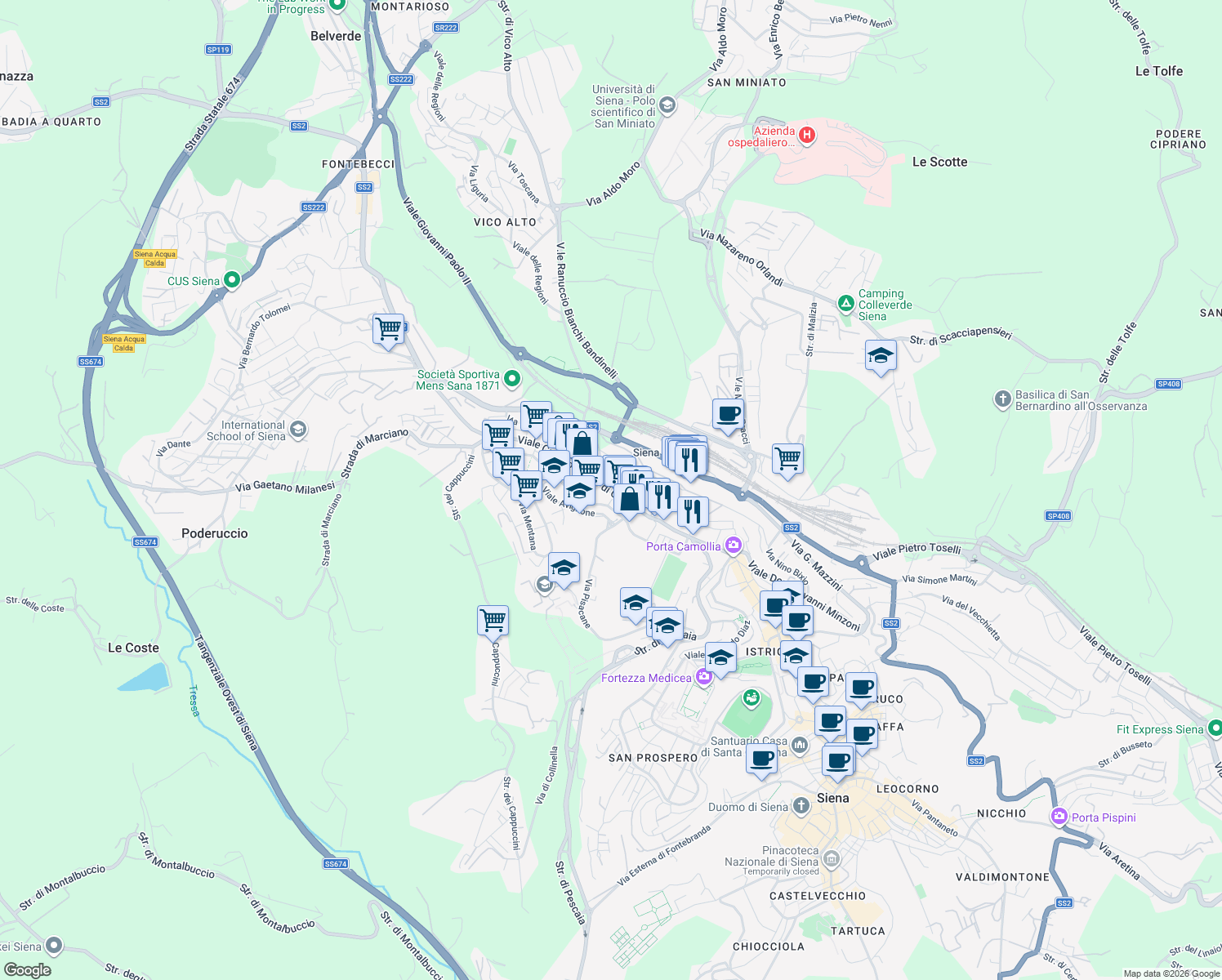 map of restaurants, bars, coffee shops, grocery stores, and more near Via Caduti di Vicobello in Siena