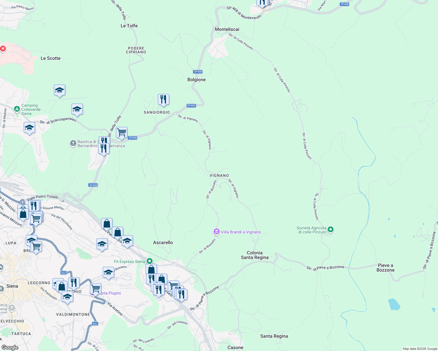 map of restaurants, bars, coffee shops, grocery stores, and more near 36 Strada di Vignano in Provincia di Siena