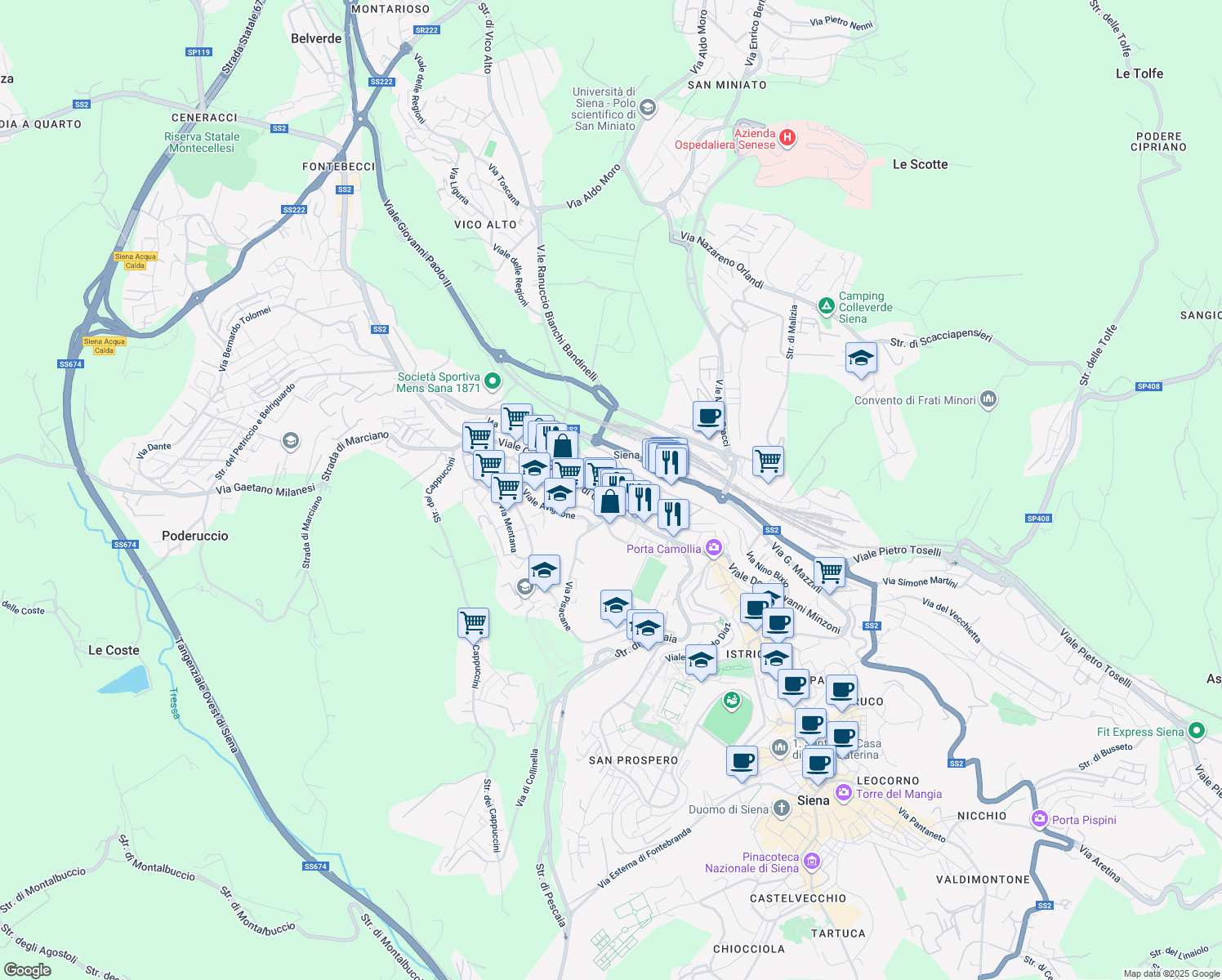 map of restaurants, bars, coffee shops, grocery stores, and more near 2 Via caduti di Vicobello in Siena