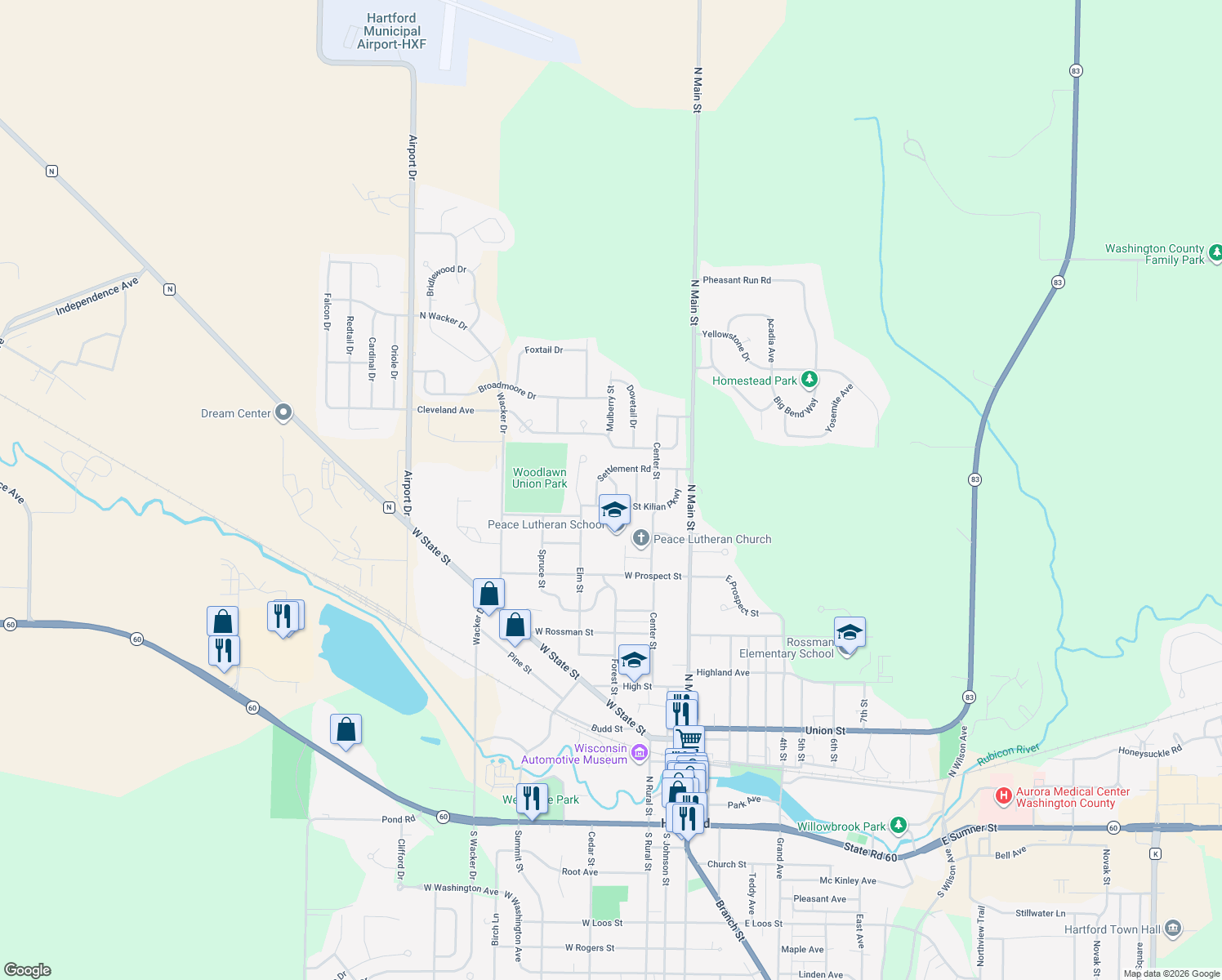 map of restaurants, bars, coffee shops, grocery stores, and more near 1171 Rockfield Road in Hartford