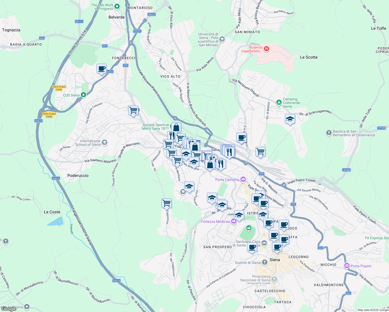 map of restaurants, bars, coffee shops, grocery stores, and more near 130 Viale Camillo Benso Cavour in Siena