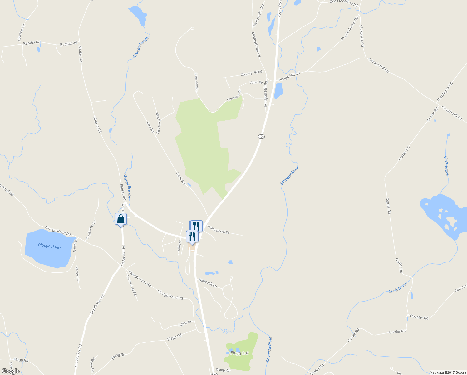 map of restaurants, bars, coffee shops, grocery stores, and more near Rocky Pond Road in Loudon