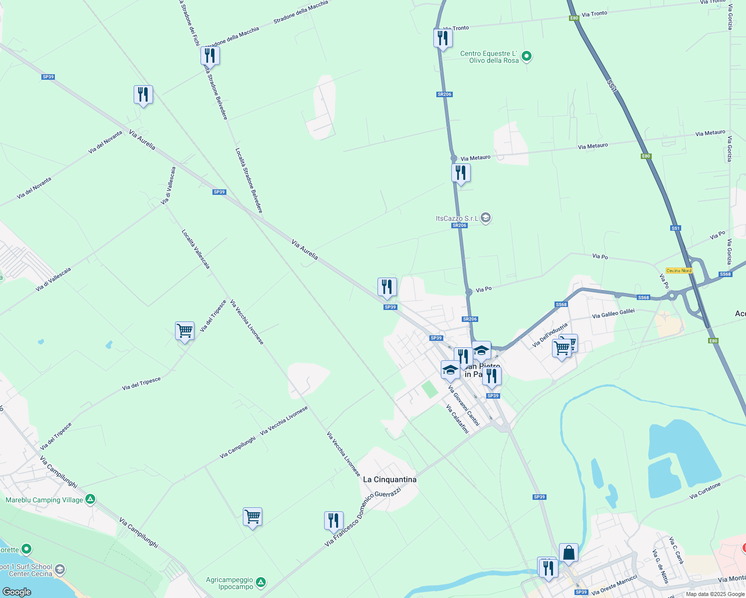 map of restaurants, bars, coffee shops, grocery stores, and more near 80 Via Aurelia Nord in Cecina