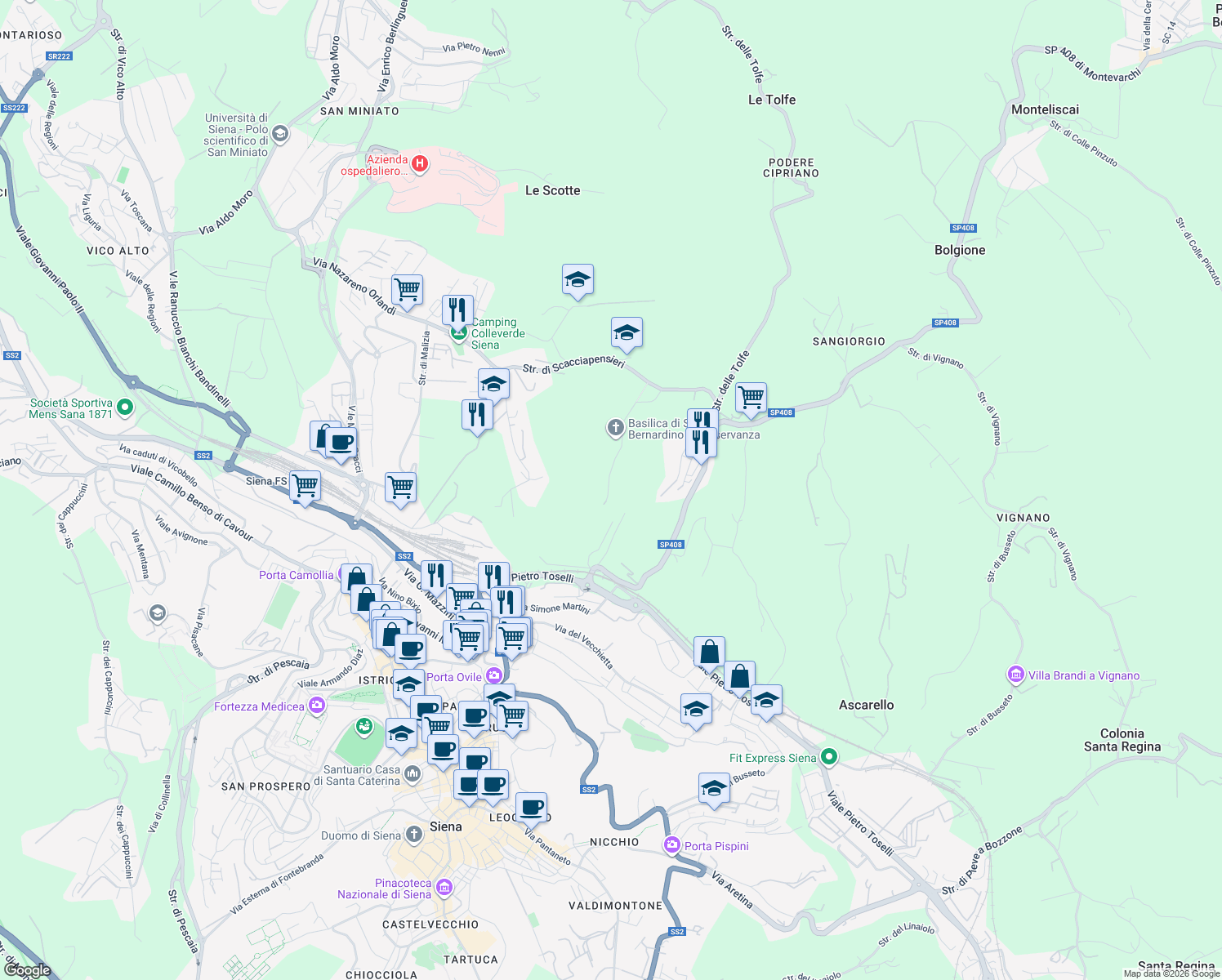 map of restaurants, bars, coffee shops, grocery stores, and more near 7 Strada dell'Osservanza in Siena