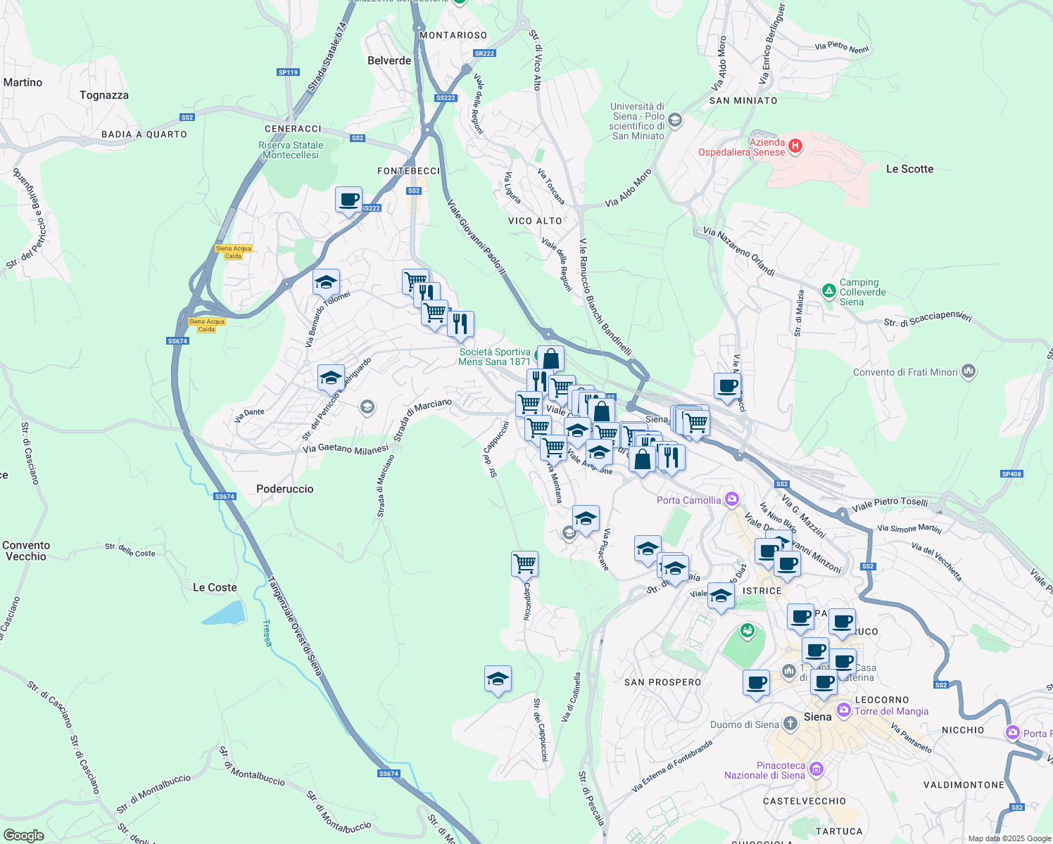 map of restaurants, bars, coffee shops, grocery stores, and more near Viale Goffredo Mameli in Siena