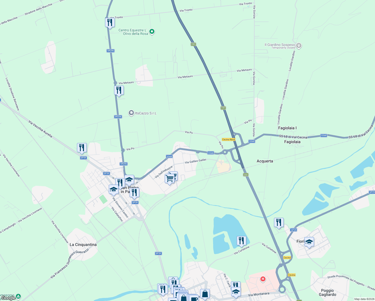 map of restaurants, bars, coffee shops, grocery stores, and more near 60B Per la Val di Cecina in Cecina