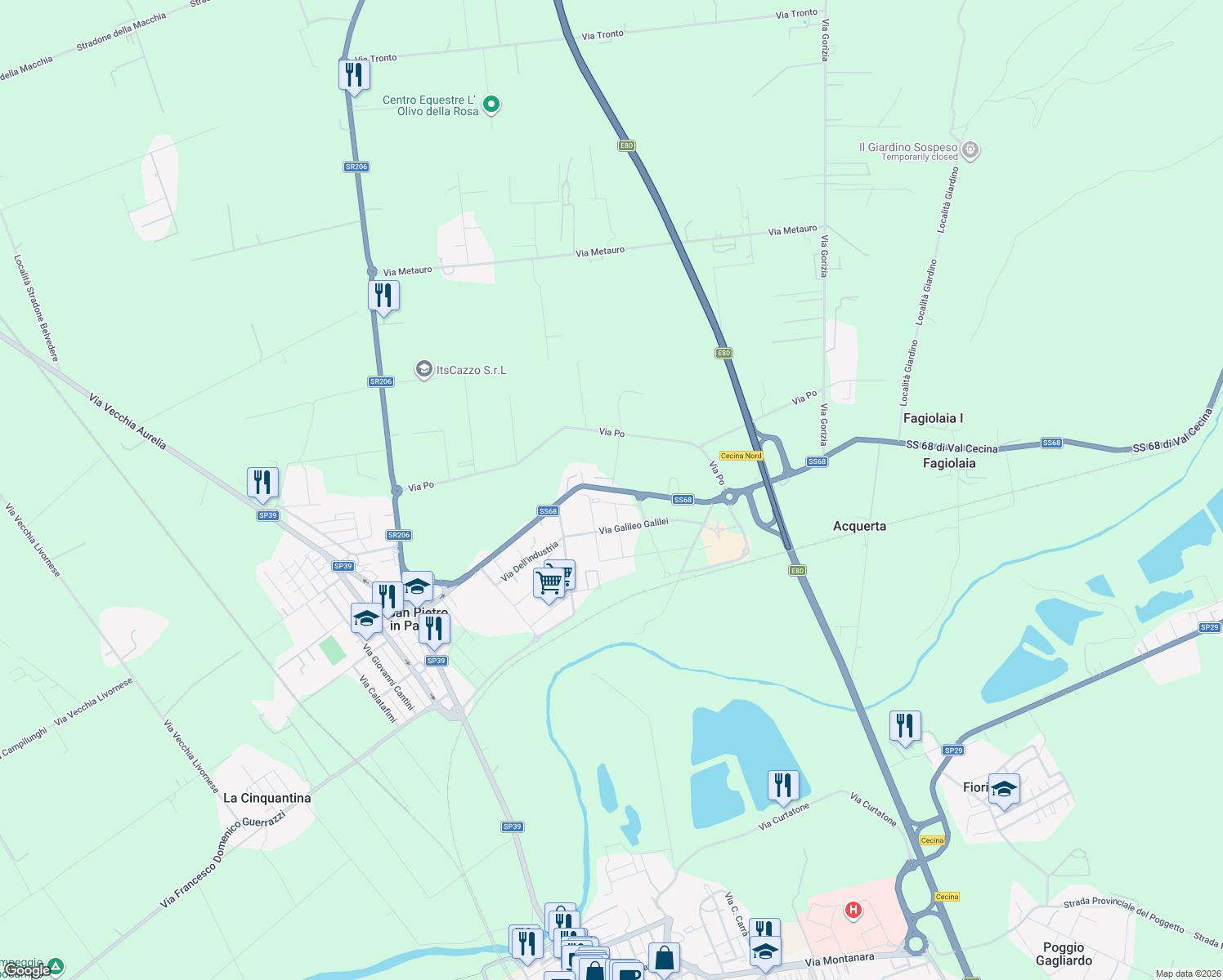 map of restaurants, bars, coffee shops, grocery stores, and more near 60B Per la Val di Cecina in Cecina