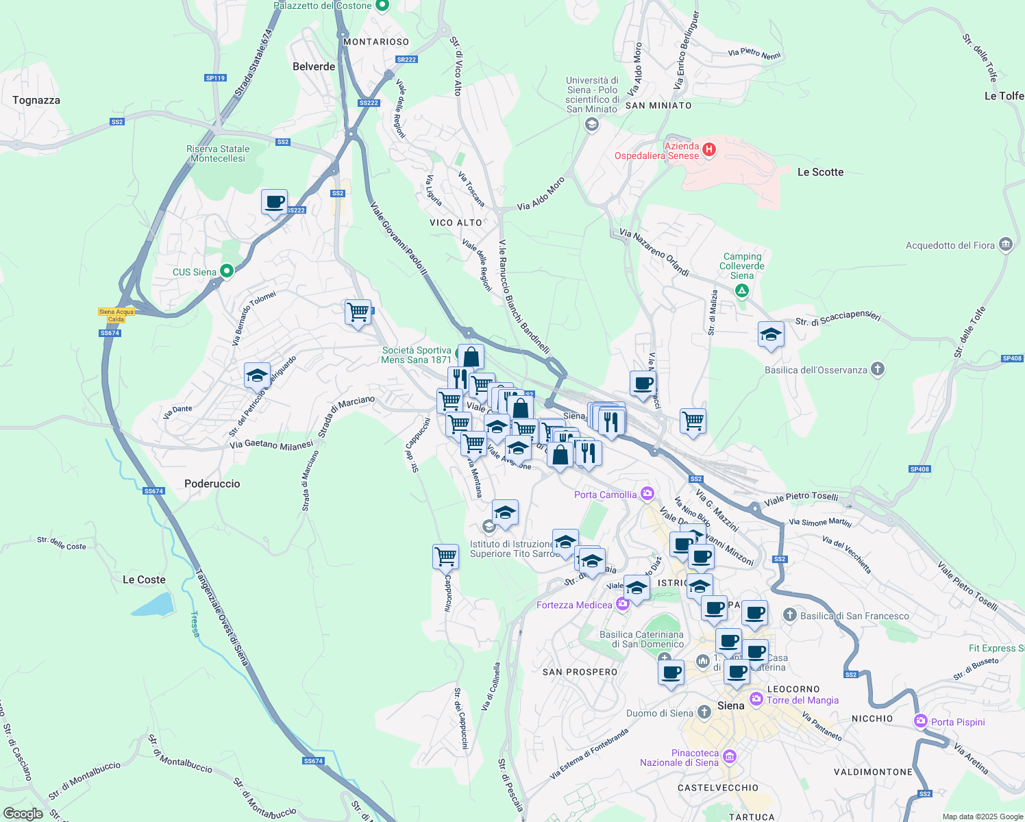 map of restaurants, bars, coffee shops, grocery stores, and more near 134 Viale Camillo Benso Cavour in Siena