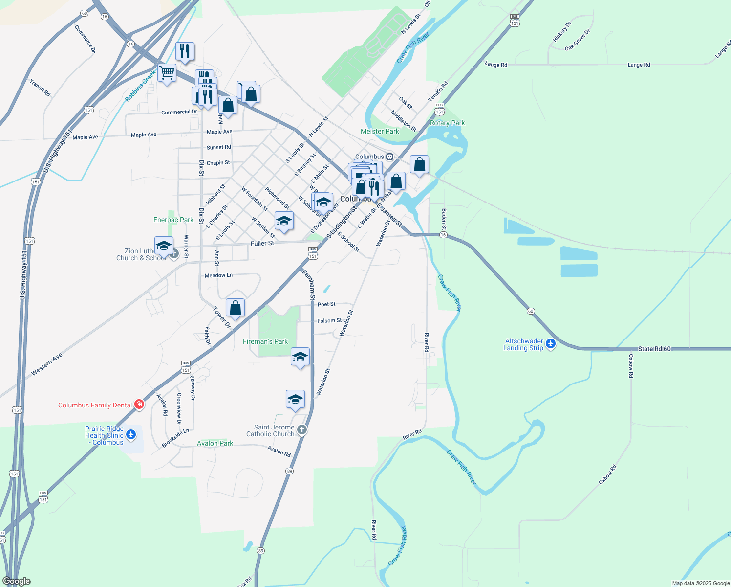 map of restaurants, bars, coffee shops, grocery stores, and more near 549 Waterloo Street in Columbus