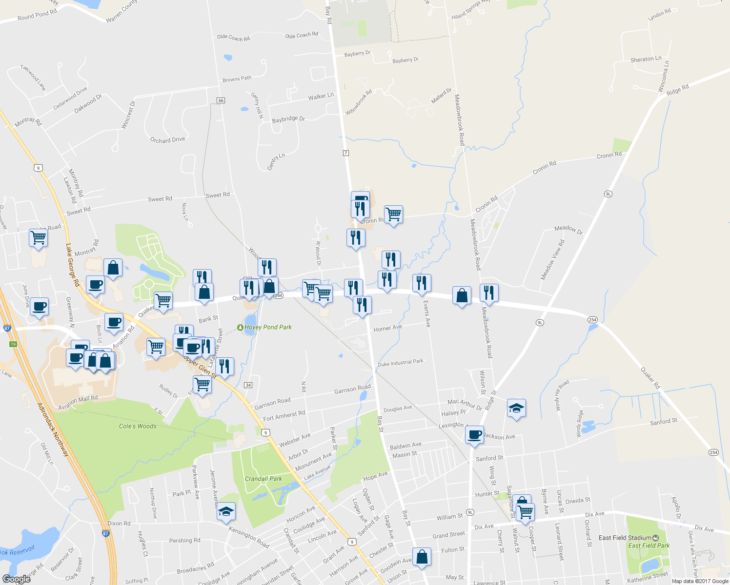 map of restaurants, bars, coffee shops, grocery stores, and more near Quaker Road & Bay Road in Queensbury
