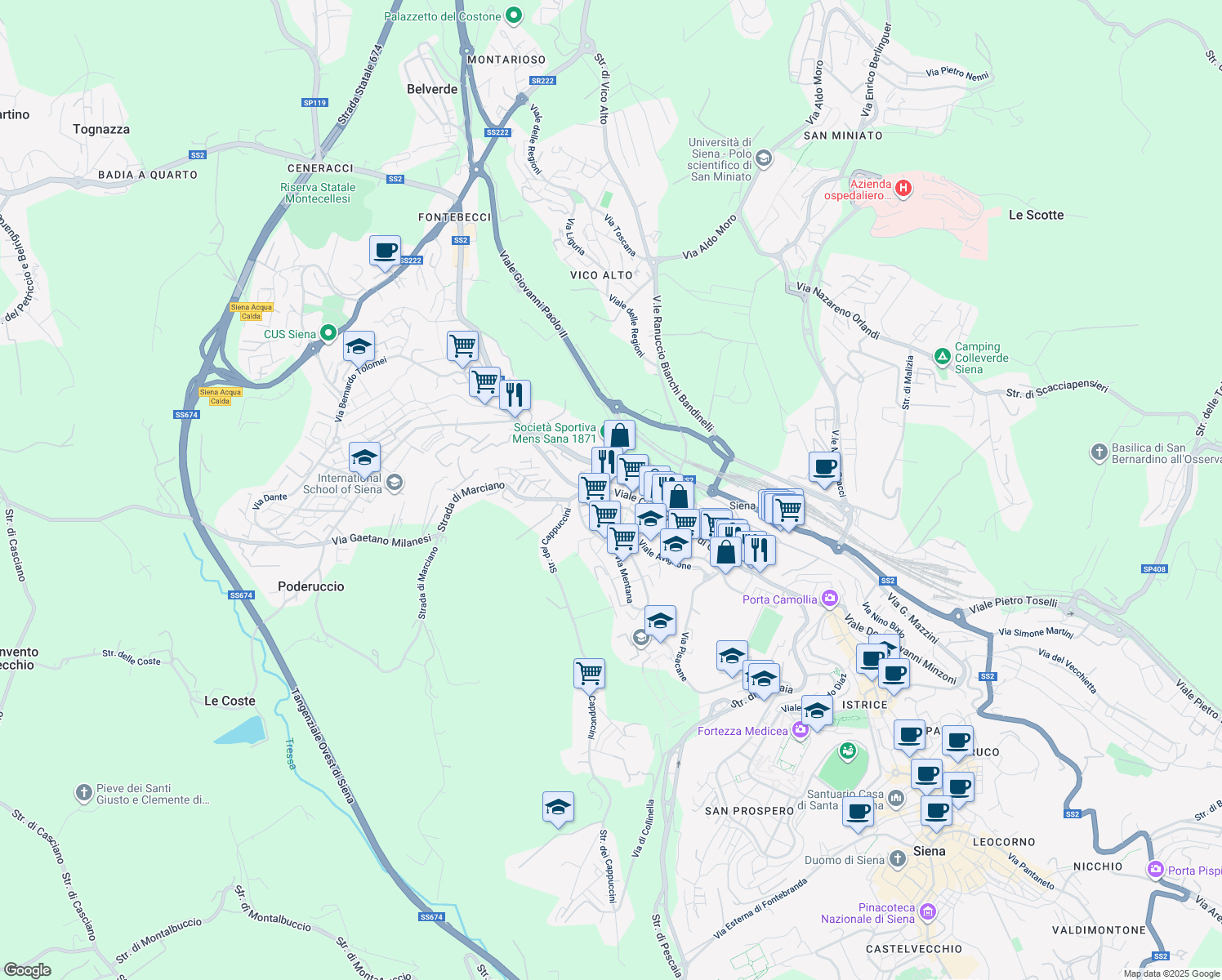 map of restaurants, bars, coffee shops, grocery stores, and more near 234 Viale Camillo Benso Cavour in Siena