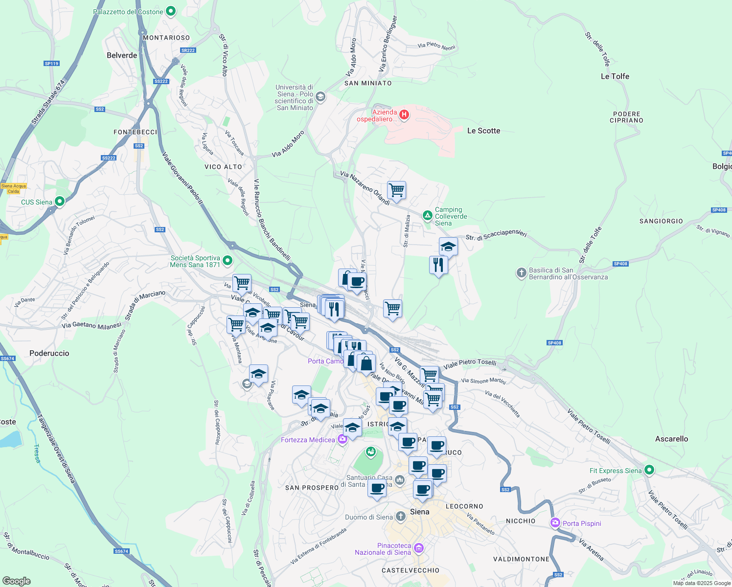 map of restaurants, bars, coffee shops, grocery stores, and more near 1 Viale Mario Bracci in Siena