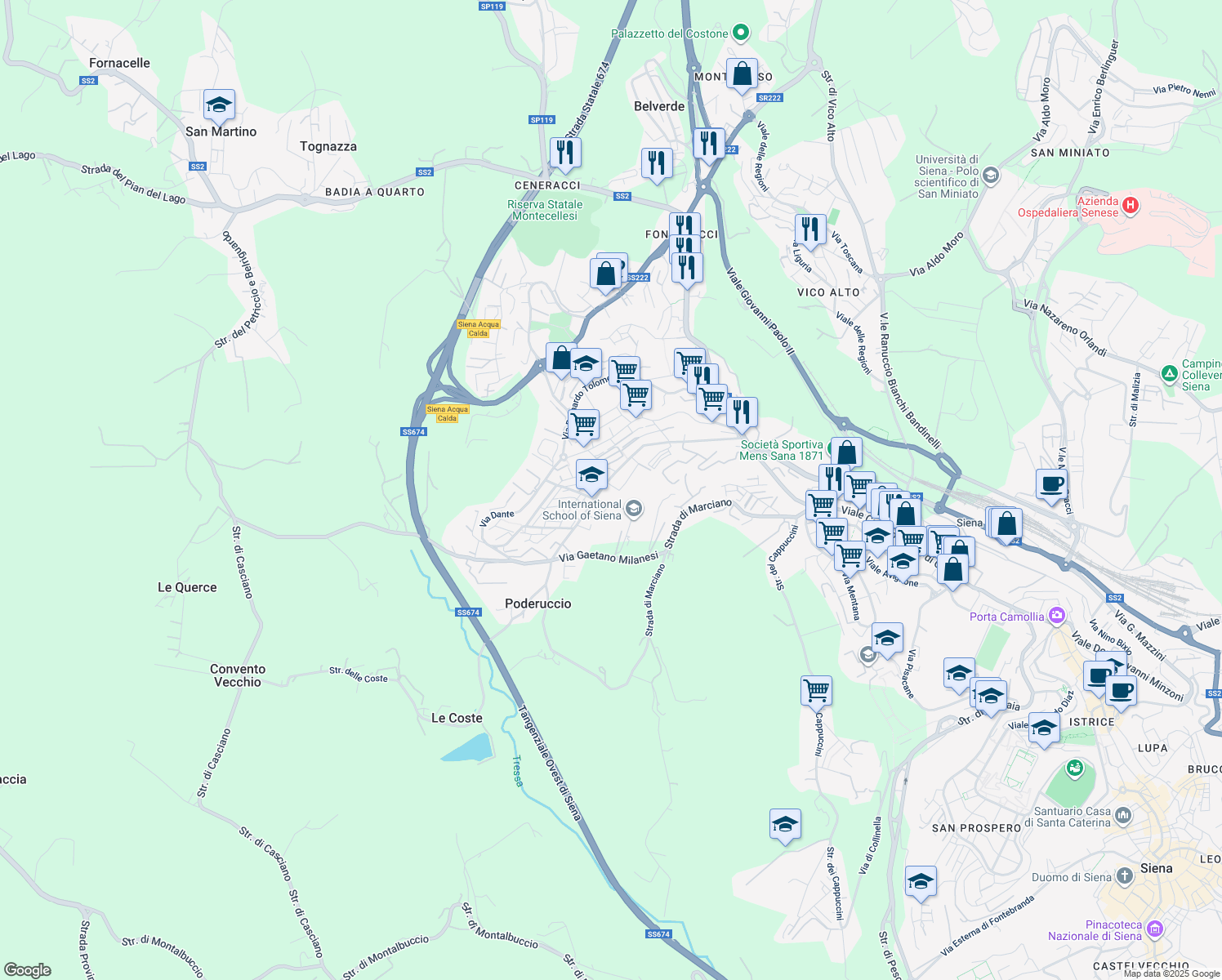 map of restaurants, bars, coffee shops, grocery stores, and more near 43 Strada del Petriccio e Belriguardo in Siena