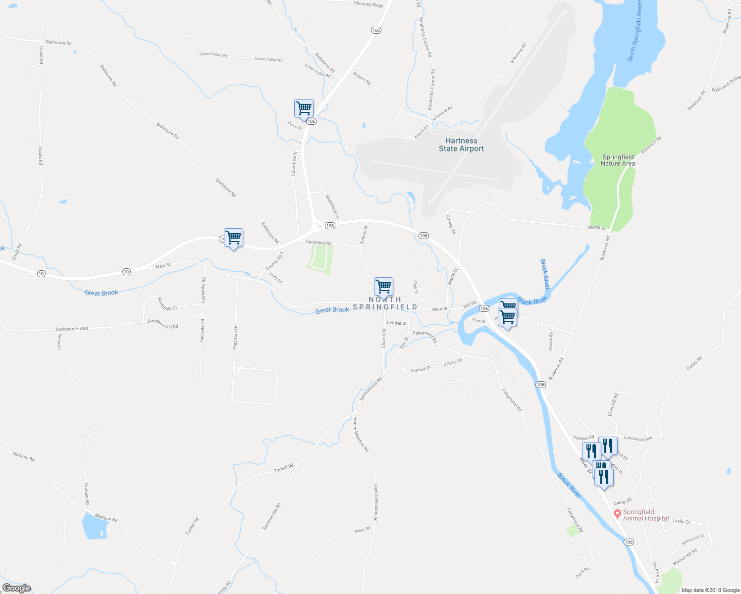 map of restaurants, bars, coffee shops, grocery stores, and more near 57 Main Street in Springfield