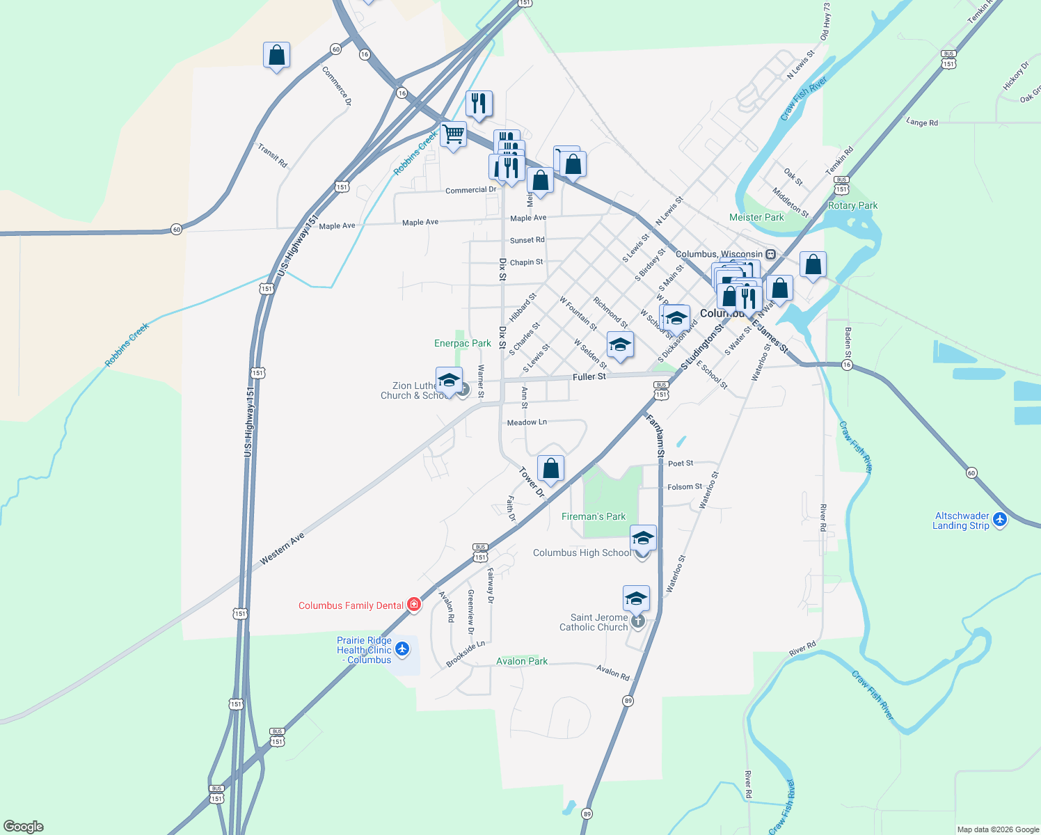 map of restaurants, bars, coffee shops, grocery stores, and more near 600 Meadow Ln in Columbus