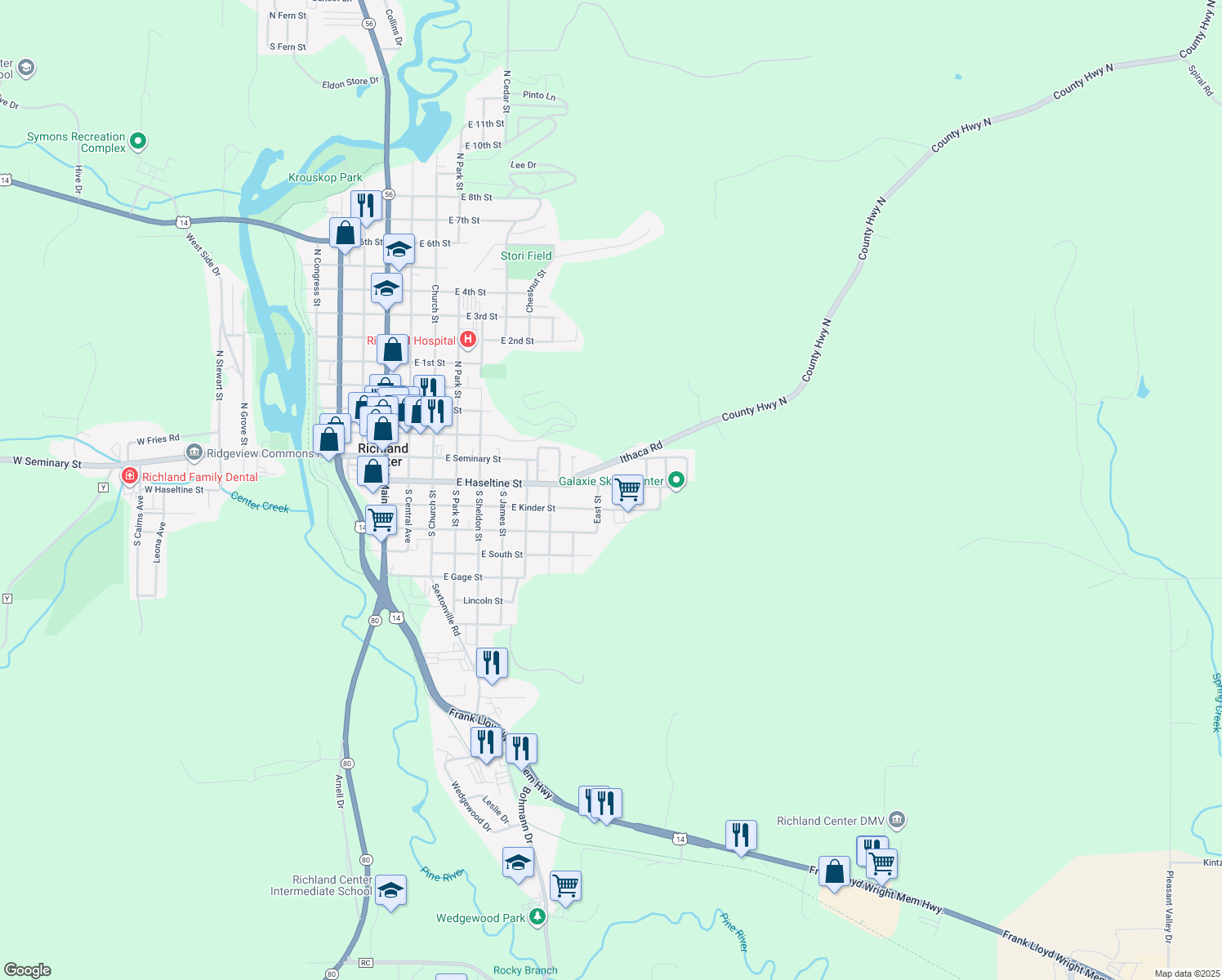 map of restaurants, bars, coffee shops, grocery stores, and more near 953 East Haseltine Street in Richland Center