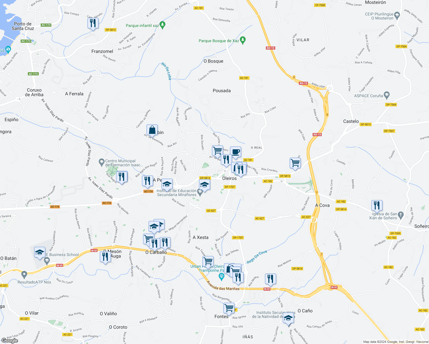 map of restaurants, bars, coffee shops, grocery stores, and more near 6 Rúa Obelisco in Oleiros