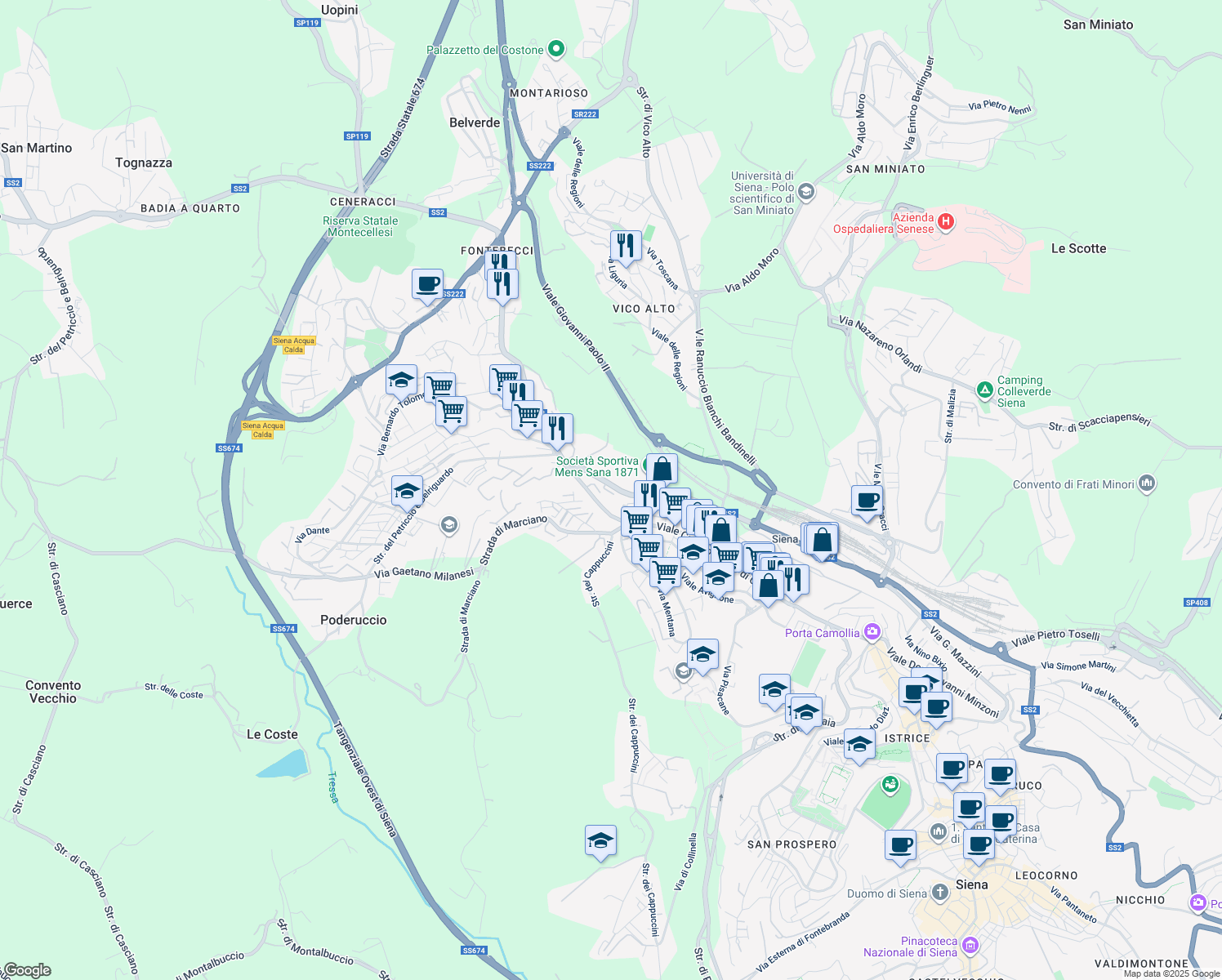 map of restaurants, bars, coffee shops, grocery stores, and more near Viale Achille Sclavo in Siena