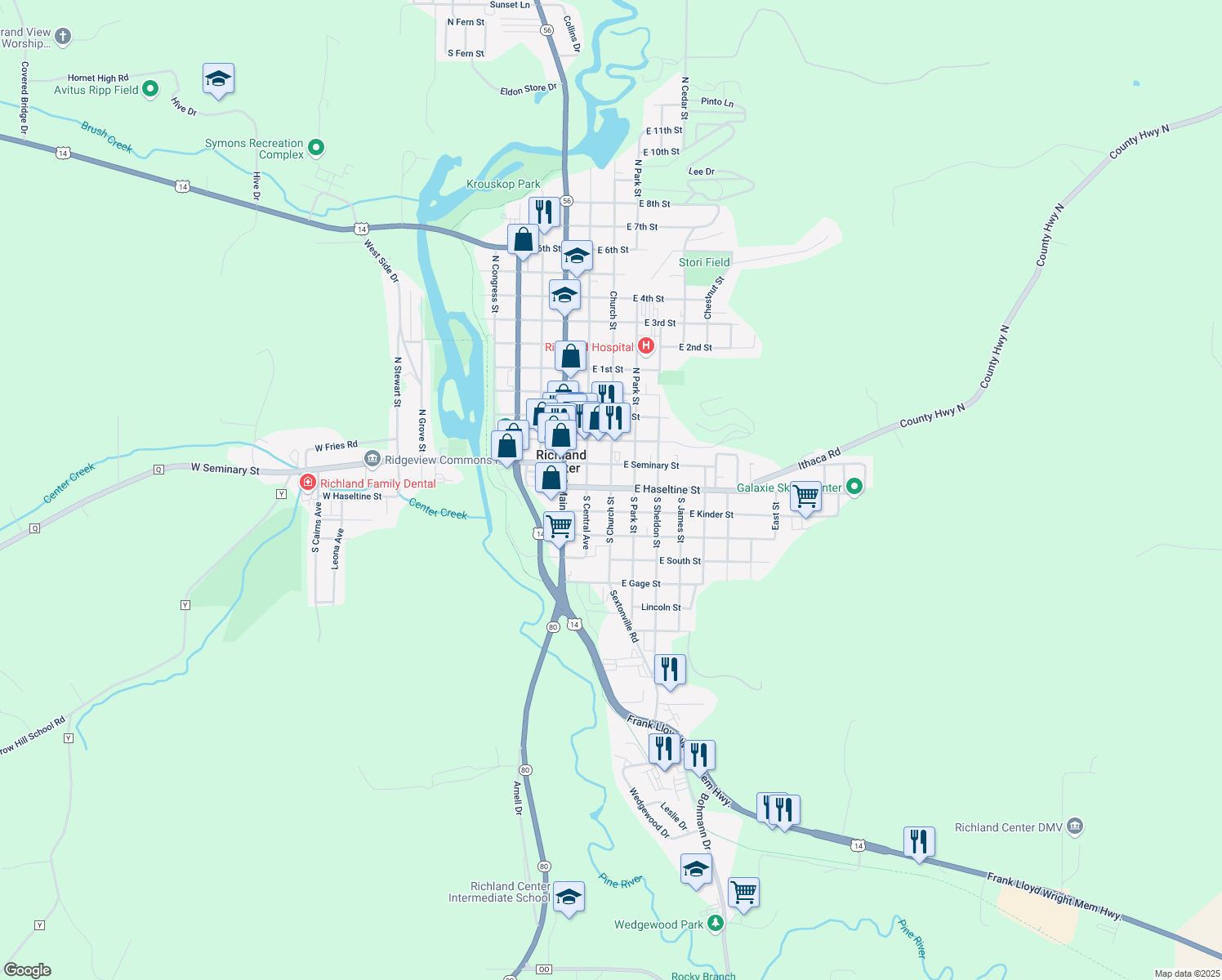map of restaurants, bars, coffee shops, grocery stores, and more near 307 S Church St in Richland Center