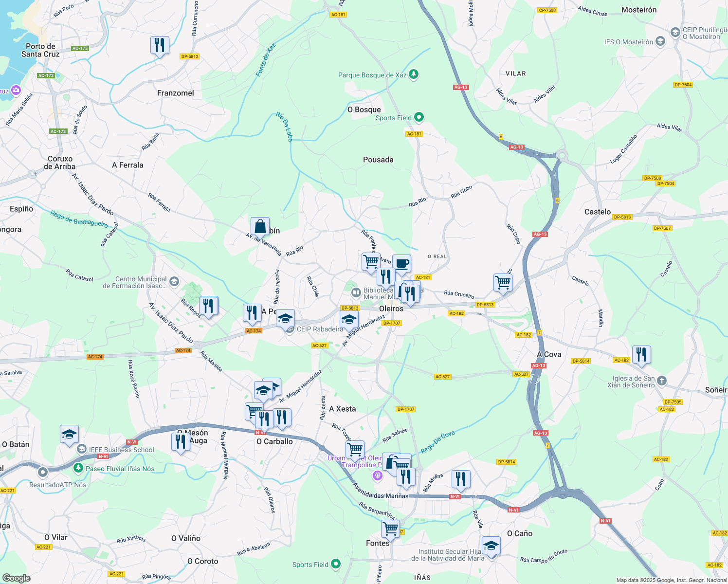 map of restaurants, bars, coffee shops, grocery stores, and more near 6 Rúa Obelisco in Oleiros