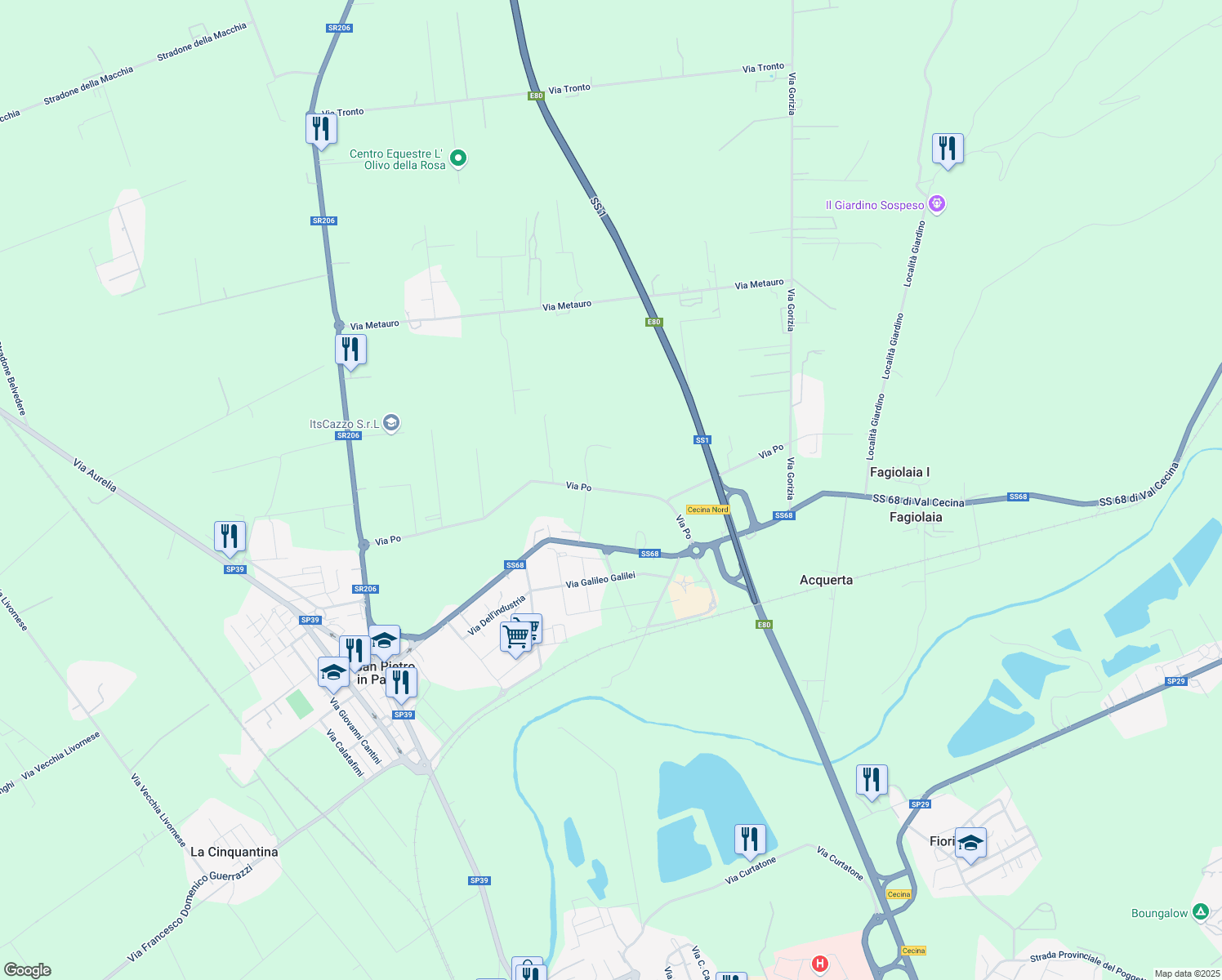 map of restaurants, bars, coffee shops, grocery stores, and more near 17 Via Po in Cecina