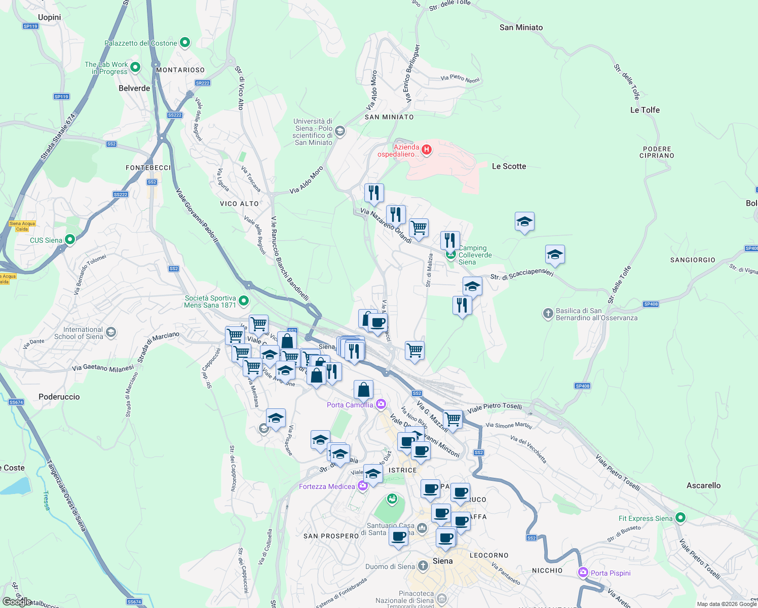 map of restaurants, bars, coffee shops, grocery stores, and more near 5 Via Giuseppe Pietri in Siena