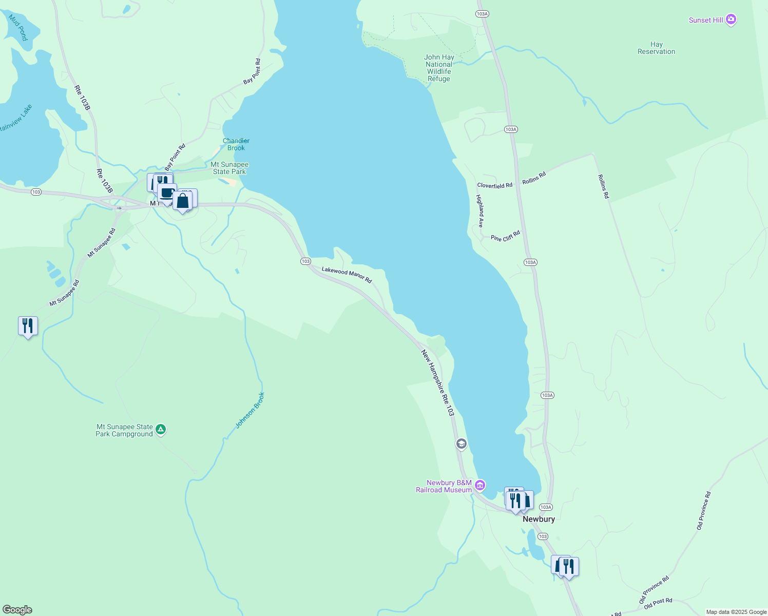 map of restaurants, bars, coffee shops, grocery stores, and more near 23 Lakewood Manor Road in Newbury