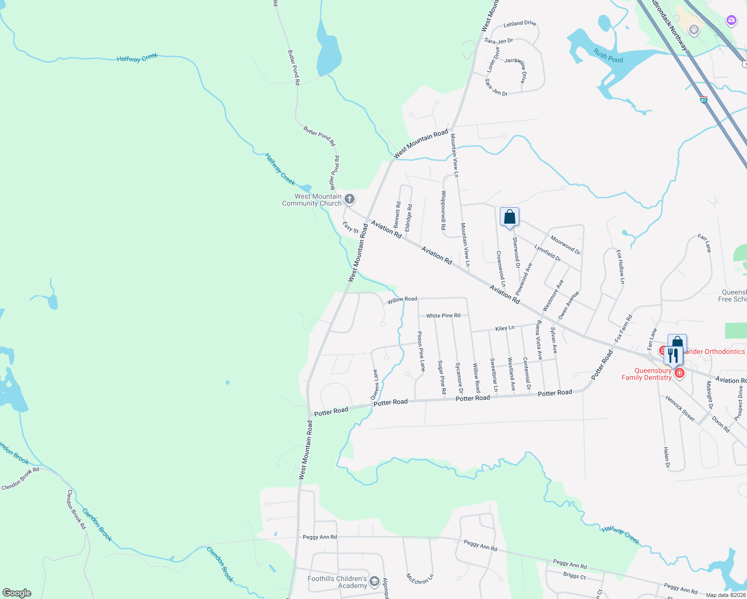 map of restaurants, bars, coffee shops, grocery stores, and more near 3 Stone Pine Ln in Queensbury