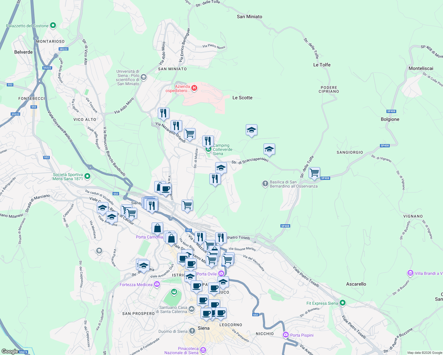 map of restaurants, bars, coffee shops, grocery stores, and more near Via Antonio Pacinotti in Siena
