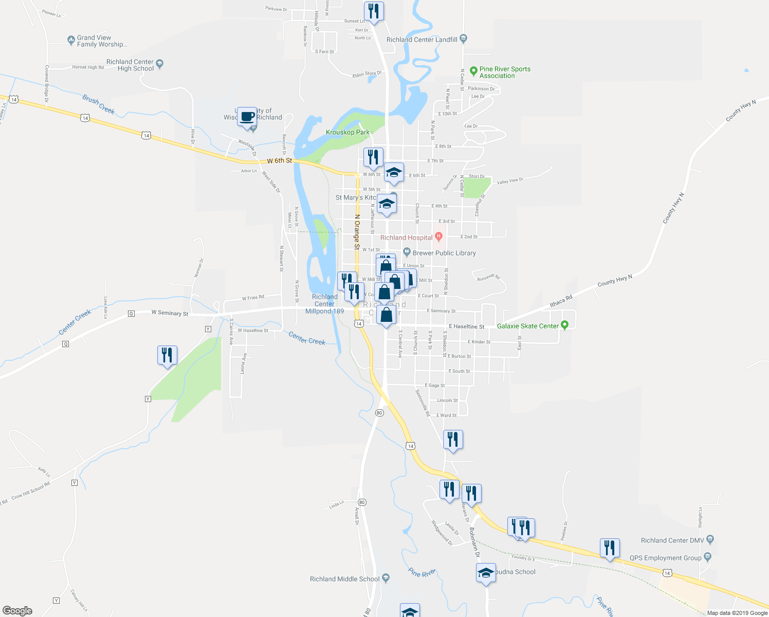 map of restaurants, bars, coffee shops, grocery stores, and more near 28916 County Highway BA in Richland Center