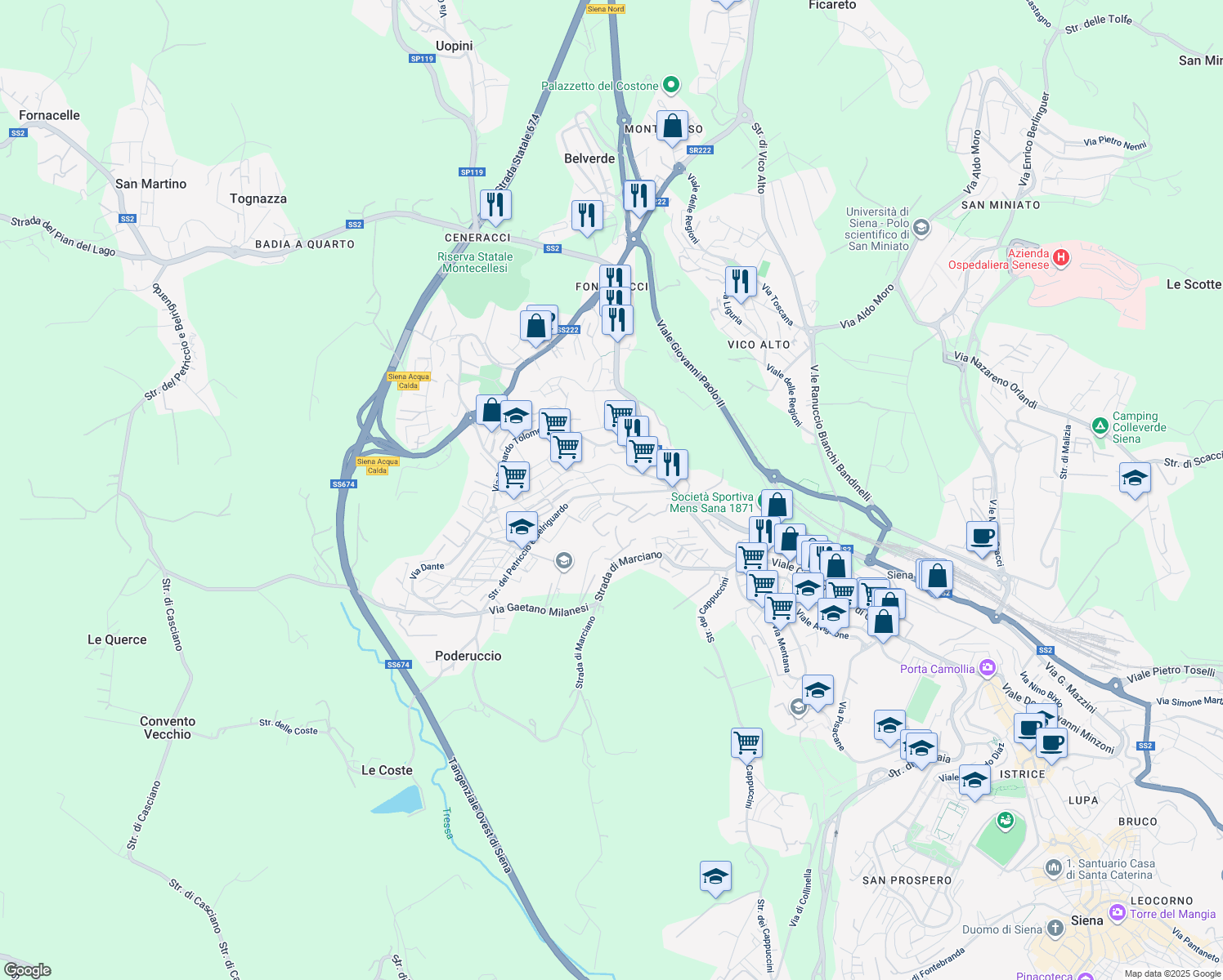 map of restaurants, bars, coffee shops, grocery stores, and more near 48 Strada del Petriccio e Belriguardo in Siena