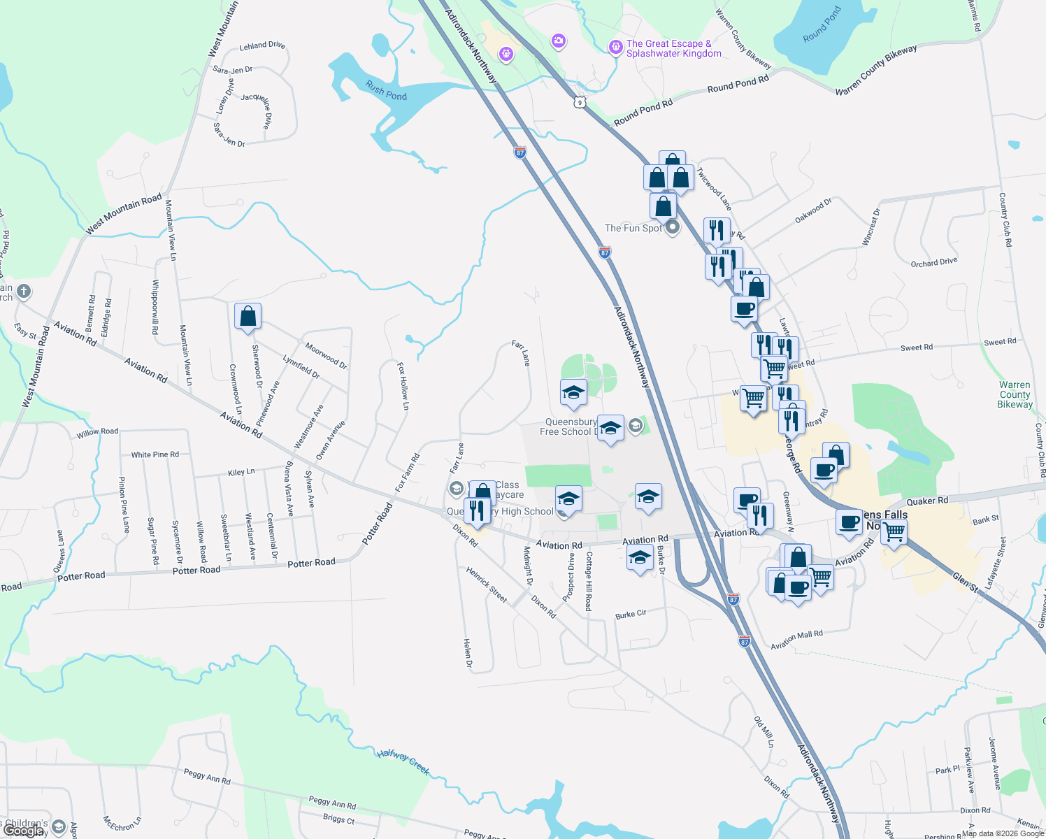 map of restaurants, bars, coffee shops, grocery stores, and more near 181 Farr Lane in Queensbury