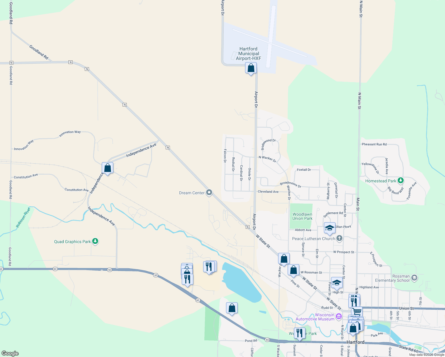 map of restaurants, bars, coffee shops, grocery stores, and more near 1533 Falcon Drive in Hartford