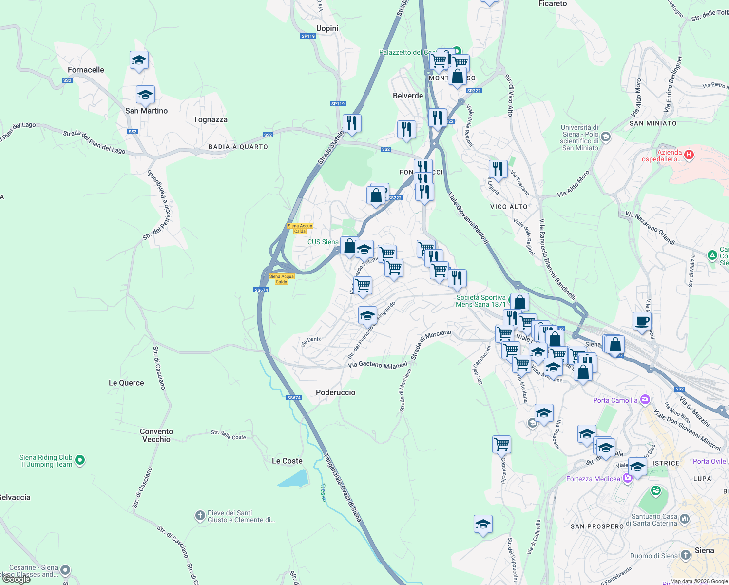 map of restaurants, bars, coffee shops, grocery stores, and more near 7 Via Bernardino Perfetti in Siena