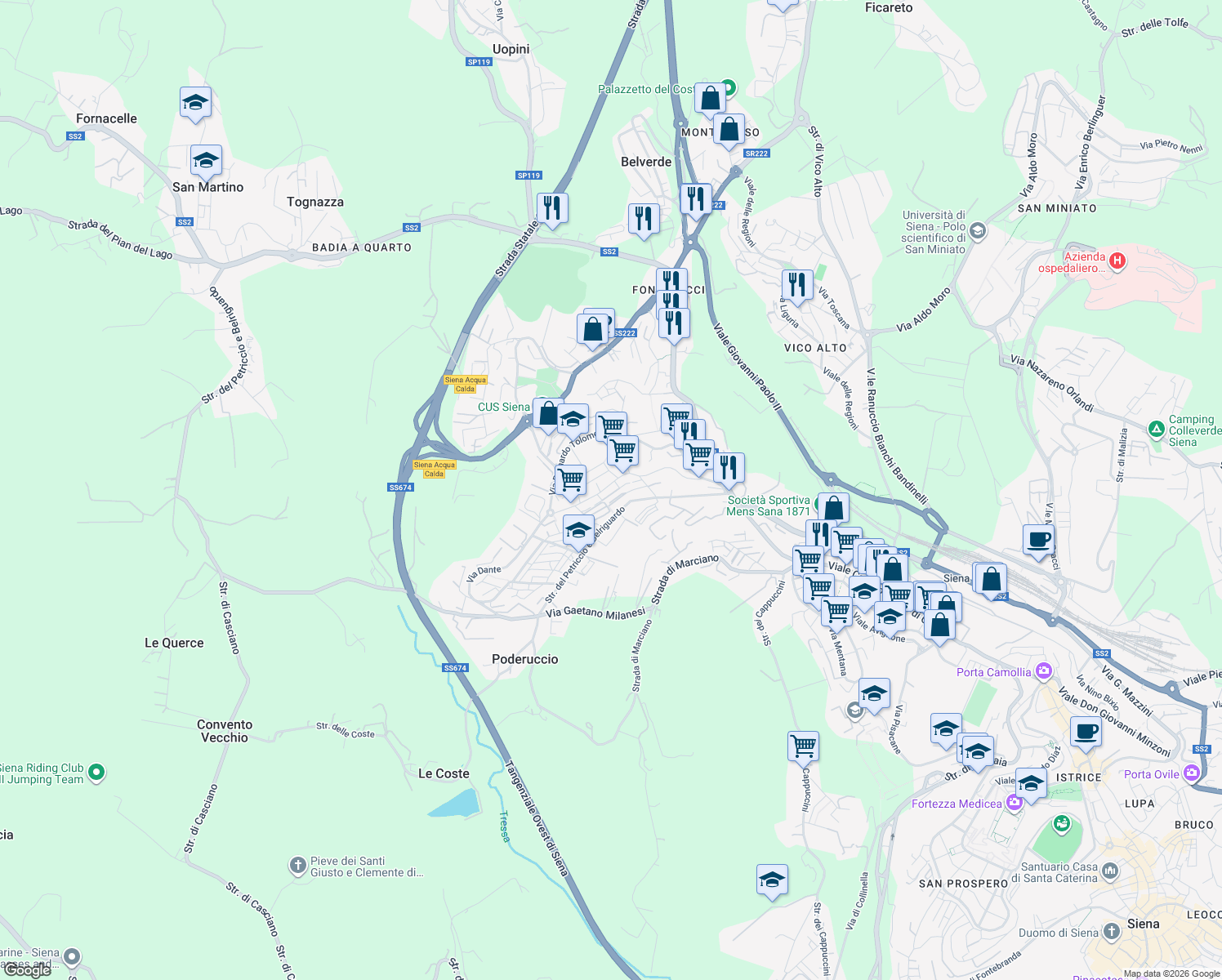 map of restaurants, bars, coffee shops, grocery stores, and more near 11 Via Giovanni Colombini in Siena